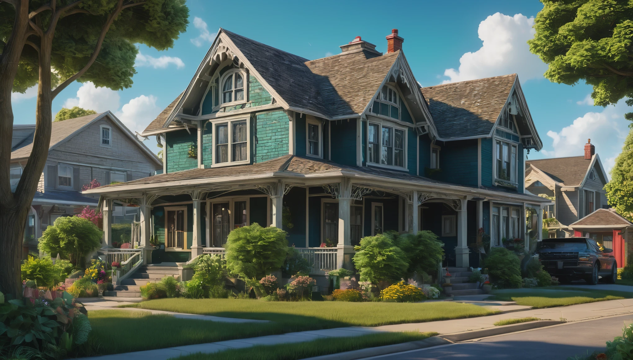 Create imaginative and amazing images demonstrating the style of ((Suburban Gothic)), hyper realistic, 8k, vibrant colors, sharp crisp image