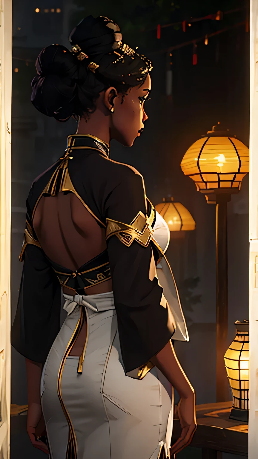 (Masterpiece:1.2), Best quality, Realistic, Full body close-up,Tyndall effect,1 African girl, Lantern, Rain, solo, Chinese wind ,Sexy Hanfu, stands, Fabric panelsOutdoors, night, afro hair, paper lantern, black kimono, single hair bun, scenery, Water, From behind, chubby, Huge breastsSensual body, Plump body,