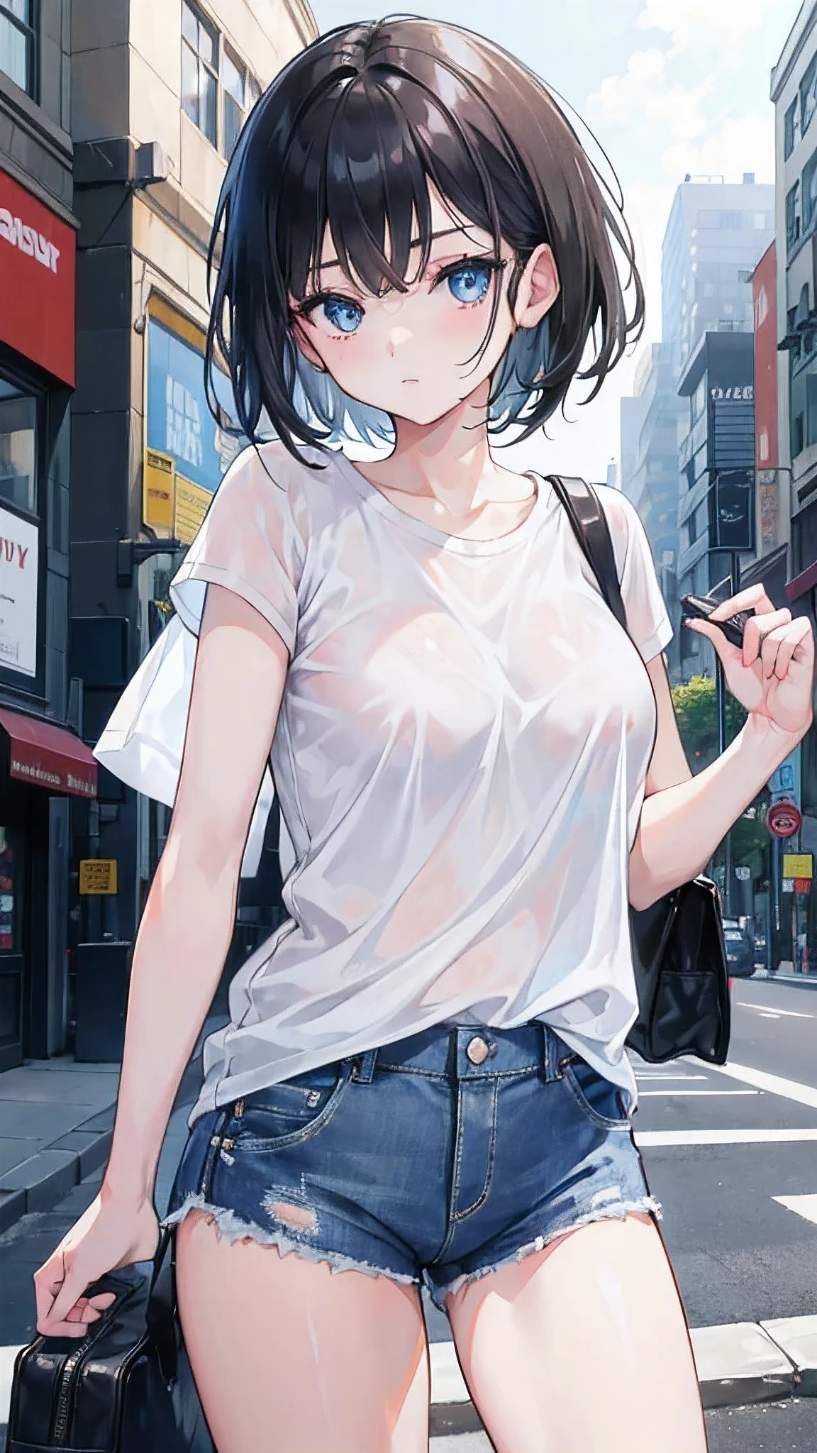 1girl, short black hair, blue eyes, wearing plain white shirt, denim shorts, city, absurdres, high res, ultrasharp, 8K, masterpiece, looking at viewer