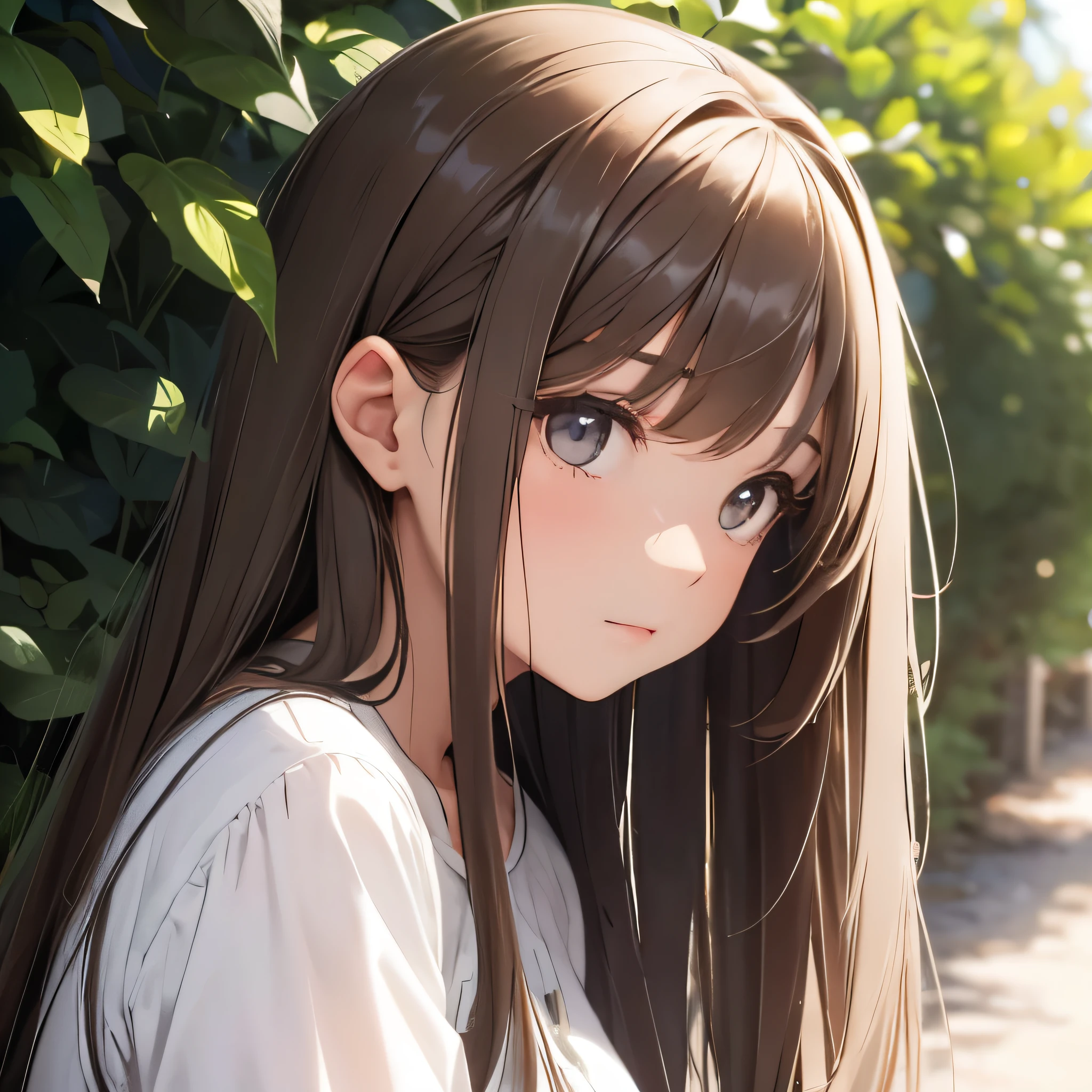 fille, Longs cheveux bruns, yeux gris, Sharp features, peau blanche, style d'summer simple