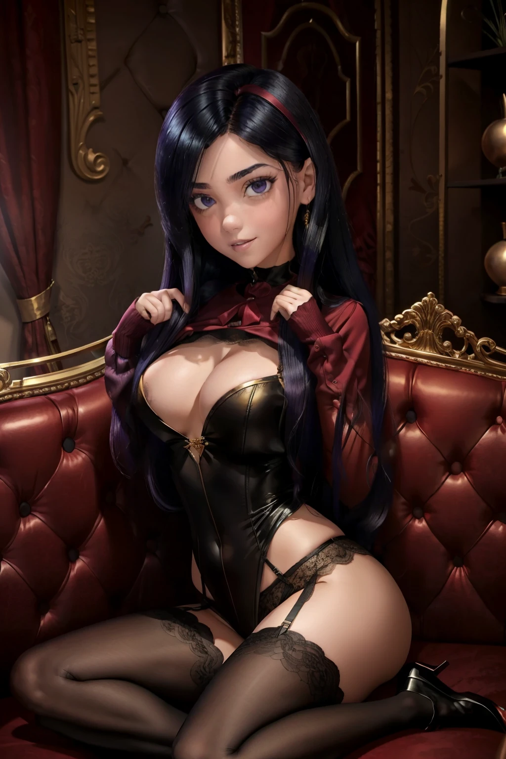 ((La mejor calidad)), ((Altamente detallado)), obra maestra, (ojos detallados, ojos profundos), (1girl), Violeta Parr, cabello negro, Cabello largo, Hairband, purple eyes, con lenceria morada, guantes, muslos altos, Botas de muslo, latex,  an 18-year-old woman with fair skin, Cabello largo, ojos morados, cuerpo de una mujer  joven y bien formada, viendo a la camara, mirada sensual. sonrisa sensual, Wear a set of red and black lace lingerie with garter, She's sitting on a black sofa with gold cushions., in a stylish room with beautiful furnishings, luz calida suave, sharp focus, 8k,,