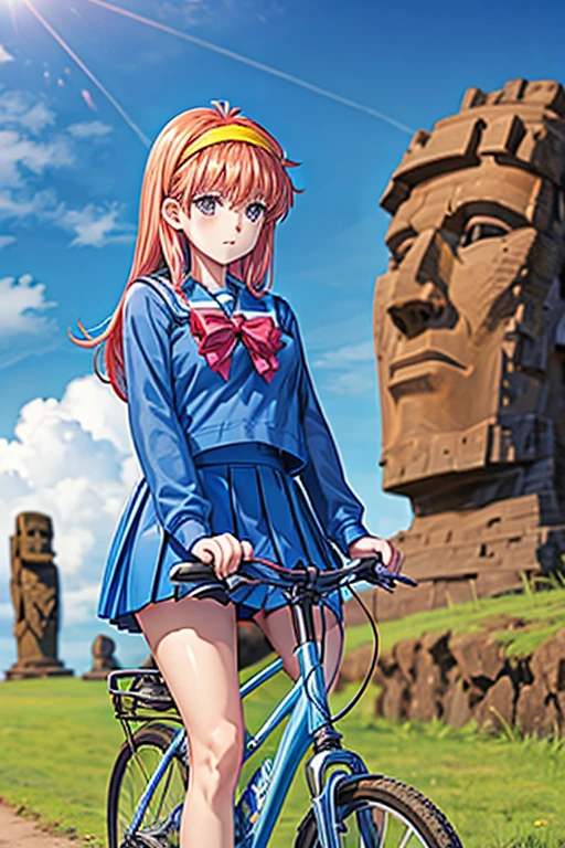 a girl rides a bicycle,fujisaki shiori, yellow hairband, school uniform, serafuku, long sleeves, pleated skirt, moai in the background on Easter Island