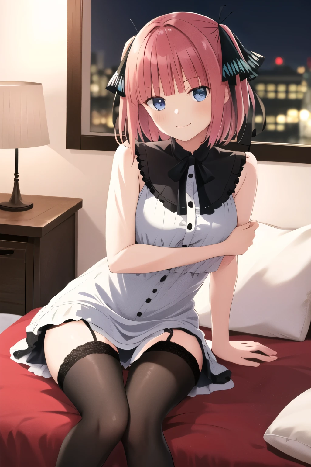 masterpiece, best quality, highres, nn1,1girl, hair ribbon, short hair, sitting, bed, night dress, legs, black stocking, looking into viewer, smile, blush ceek, sexy pose, hands behind, medium breast, breast out,