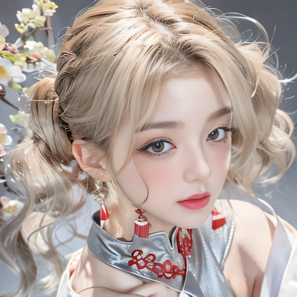 （8k）、（best image quality:1.5）、gray background、close up of face、１girl、masterpiece、delicate and sharp eyes、brown eyes、eye power、delicate face、cup、fascinating face、platinum blonde hair、Semi-long wave、chinese cheongsam、white cheongsam、Chinese dress that shows the collarbone、gal、Emphasis on the clavicle、earrings、