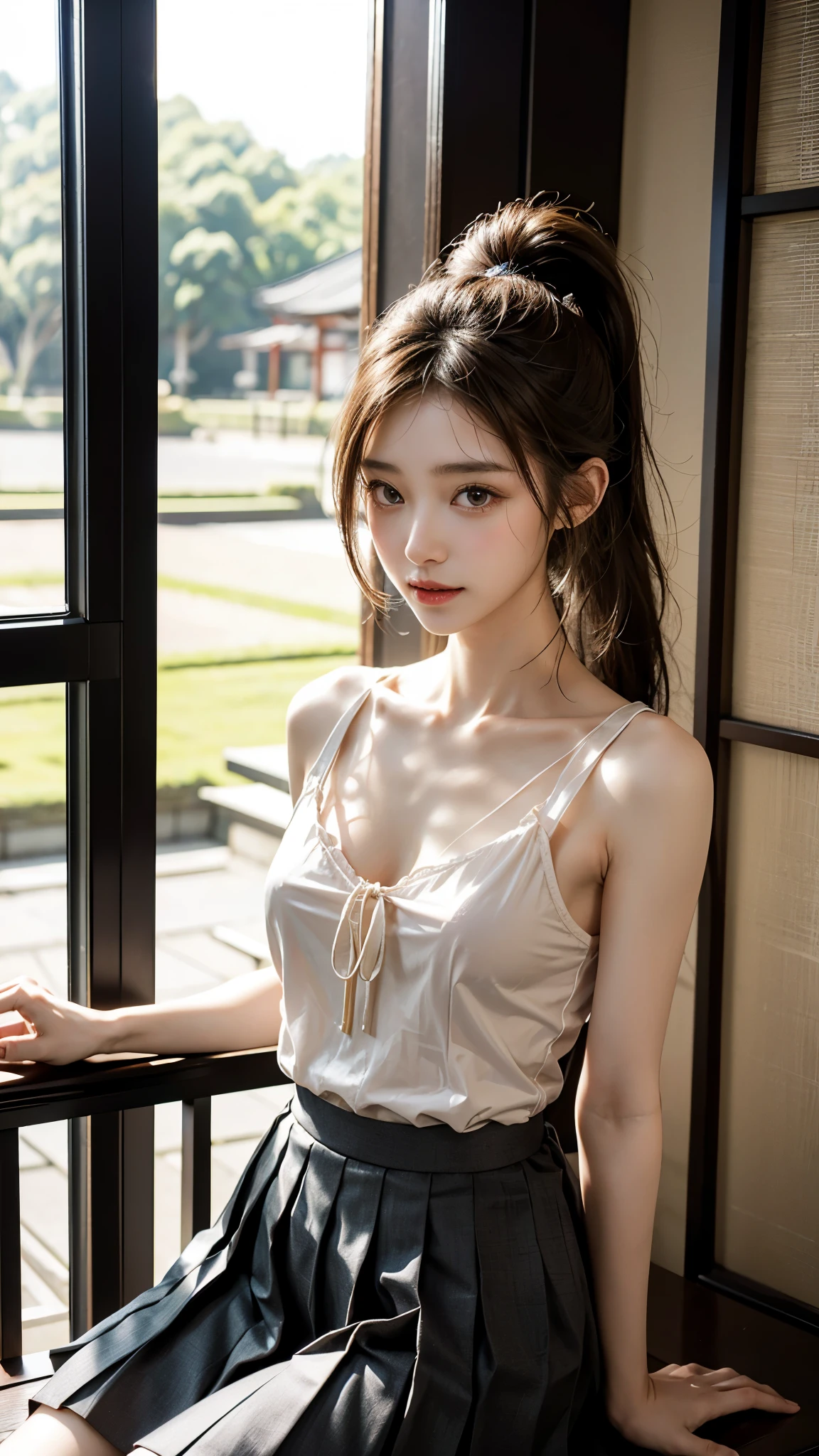 beautiful women in japan、1 person,very pretty and slender、outstanding style 、Super high quality、very delicate face, skin and hair、top ponytail hair、straggling hair,light brown hair、Blouses and pleated skirts、cover your chest with your arms、Asakusa、8k images、A very cute Japanese face、Slender、medium breasts、The eyes and nose stand out clearly、gentle eyes、laughter