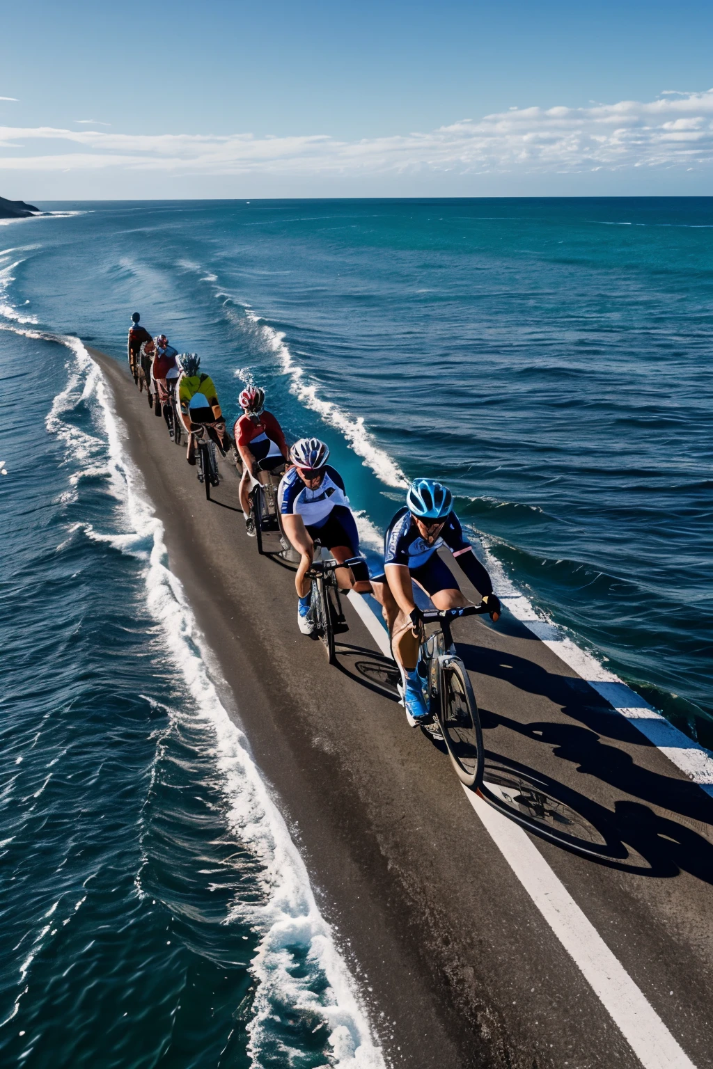 5 mens cycling in middle of the ocean and racing