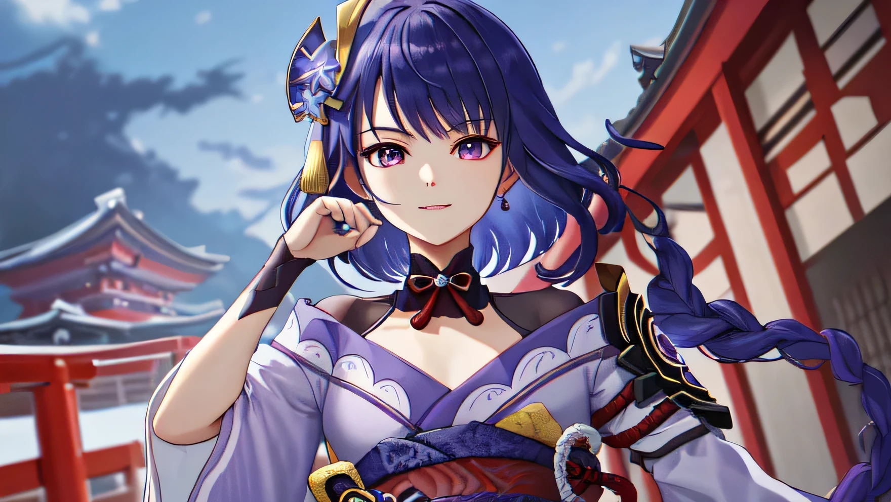 raidenshogun,The upper part of the body,ssmile,Be red in the face,In the daytime,simple backgound,blue-sky,short detailed hair,Skysky,japanese temple,kissing Aizen, Aizensosukedef,stairwayont,moody light