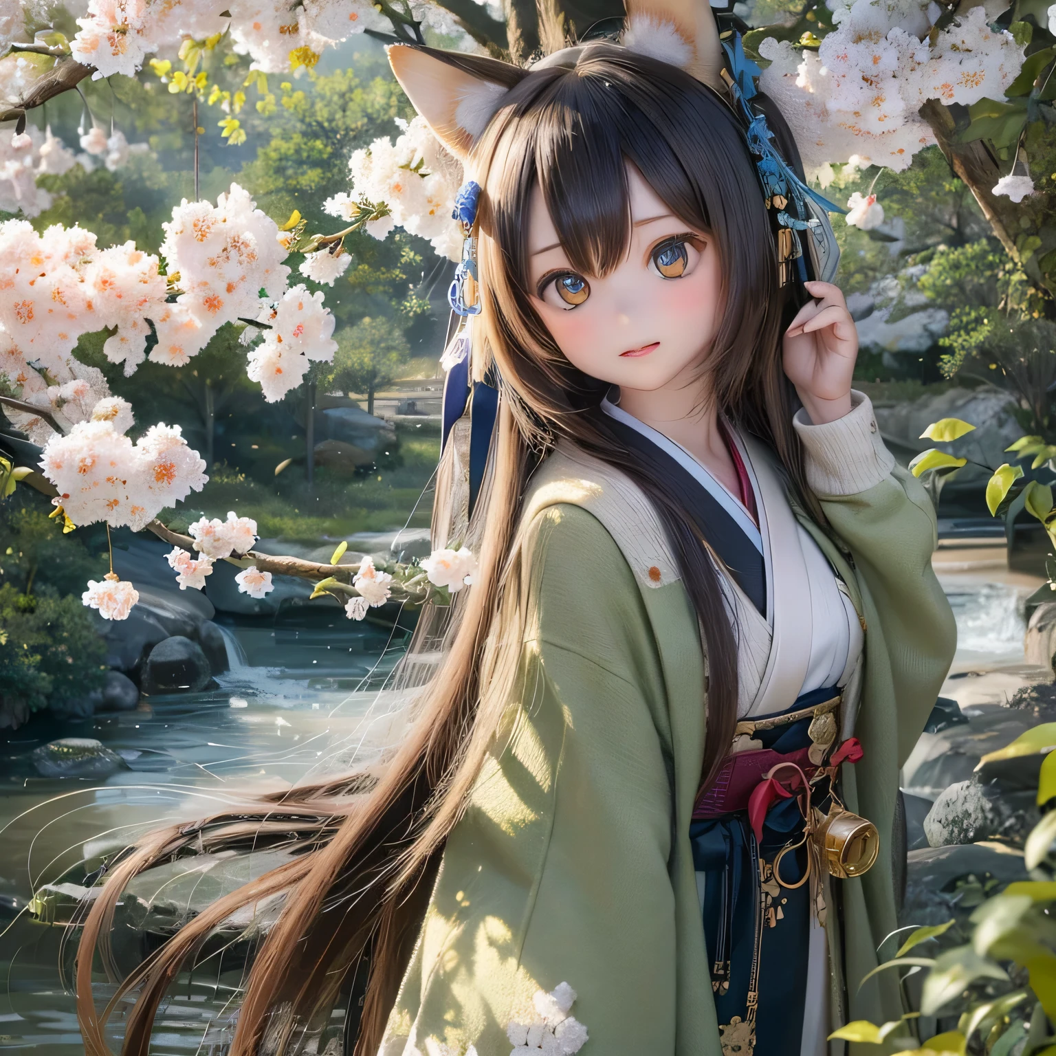 (High resolution, realistic:1.2),(detailed and beautiful eyes,dense and beautiful lips,highly detailed eyes and face,long eyelashes),(rural scenery,calm atmosphere),(Shiba Inu girl:1.1),(soft lighting),(oil painting style),(Lush green fields,Quiet river),(traditional japanese house),(flowing traditional kimono),(colorful flowers),(bird flying in the sky),(bamboo forest),(sunlight filtering through the trees)(((Cherry tree in full bloom)))