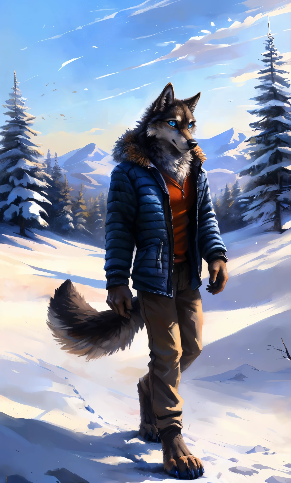 ((Solo)), male people, anthro wolf, (Multi-colored fur, White-brown:1.3,White tail pointed), (Height 2.1m,Tail length 1.2m), ((Wolf face, Big eyes, White eyelids, Blue pupil, Slim:1.2) (Tough, Calm expression:1.2)), Slim, pinging)), (Correct anatomy), (Winter clothing:1.1), The upper body naked, (detailed outfits),A long big tail,Feet,(Realistic fur, Detailed fur texture, labeled:1.3)), (Natural lighting), Photorealistic, Hyperrealistic, ultradetailed, by Kenket,Snowfield,erect through,Running on