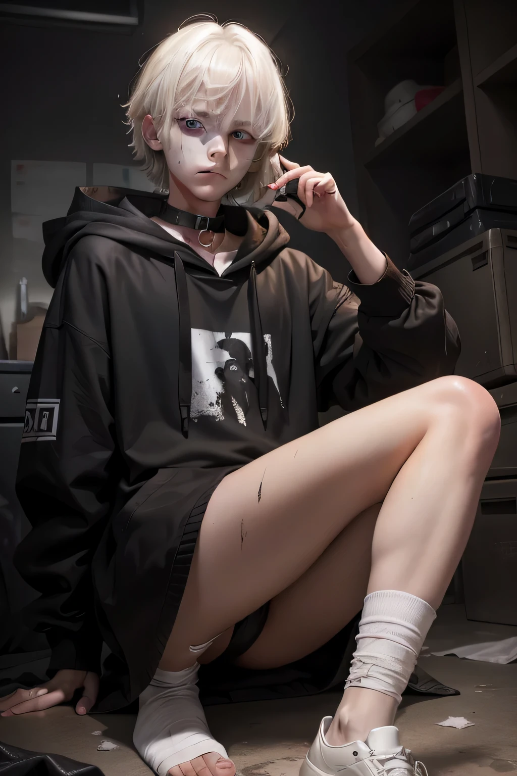 a ager, golden eyes, mole, dark bags under eyes, pale skin, platinum blonde, black collar, , Messy long bangs, bandaged hand, Appearance is dirty and messy, sick look, Mood boy, Black loose hoodie,