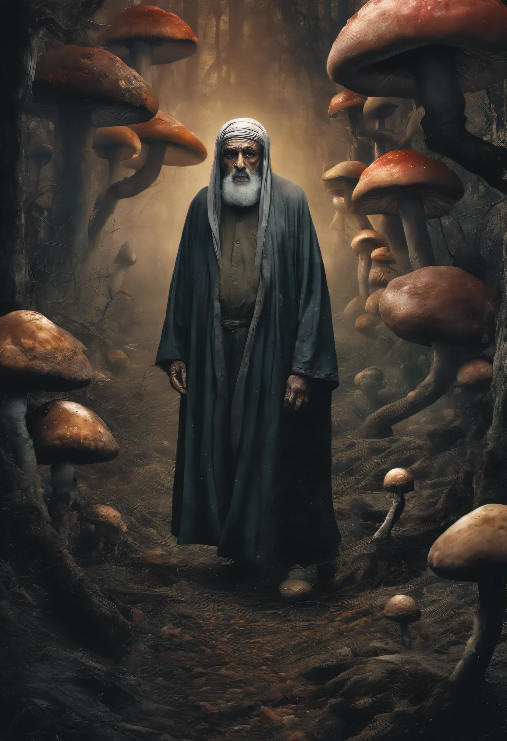 nahida (Masterpiece), (Best quality), (Very detailed),(disheveled),(Clarification), , A wise old Arab man with real features,floating,(Saturation),(Colored spots),Colorful bubble,(emission),Focus on the face, Walking in a forest full of colorful mushrooms