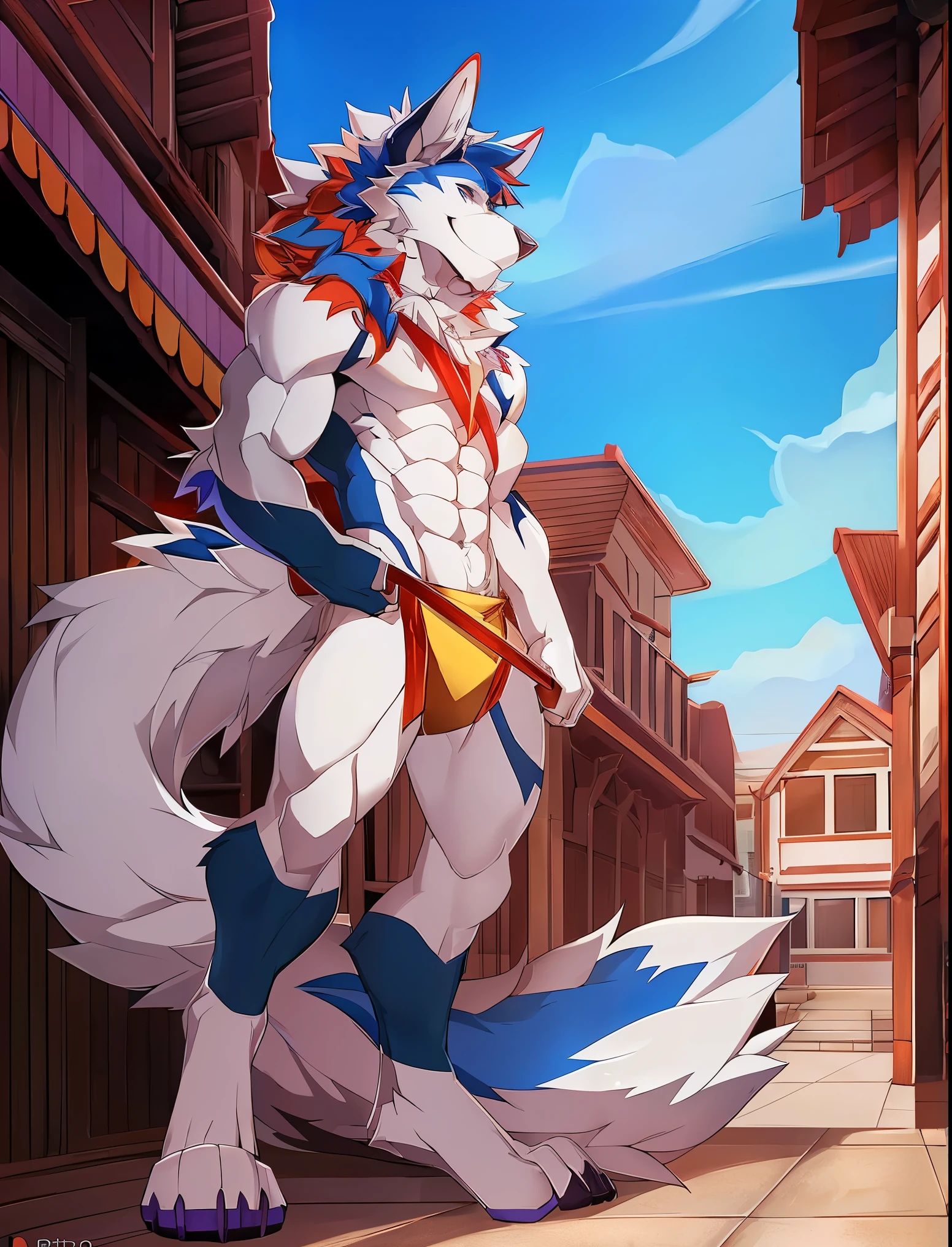 ((Solo)), male people, anthro wolf, (Multi-colored fur, White tail pointed), (Height 3meters,Tail length 2meters), Abs, pinginuscular, A long big tail, by patto, town