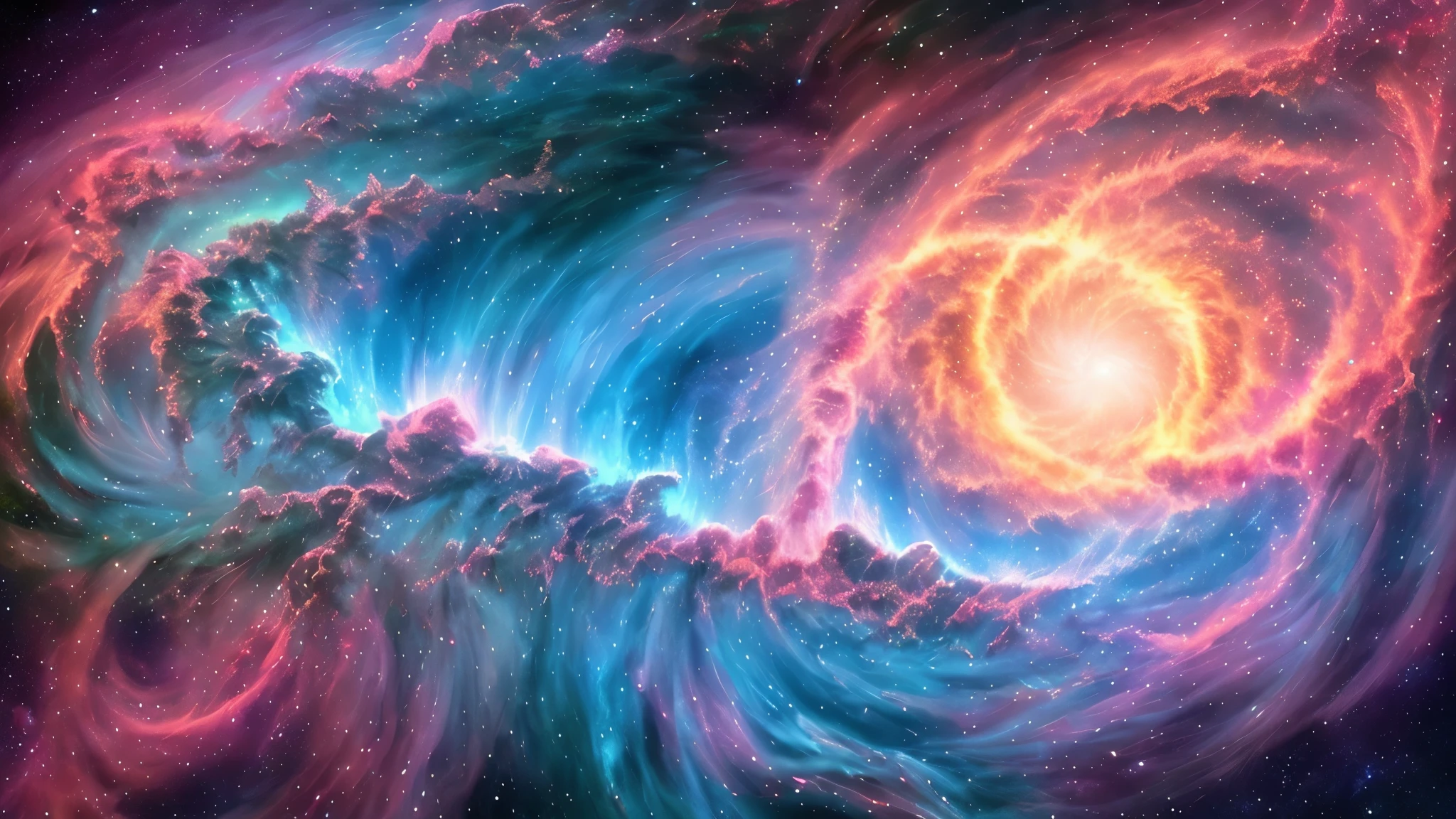 Scene of a figure emerging from glowing clouds,Incredible and spectacular, Fractal Nebula Thread, cosmic entities, Heavenly, cosmic, Vibrant and vivid, whirlpool, rotate, impractical, high contrast, symbolism, magic, mystery, mystery化, surreal, over-saturated, colorfully