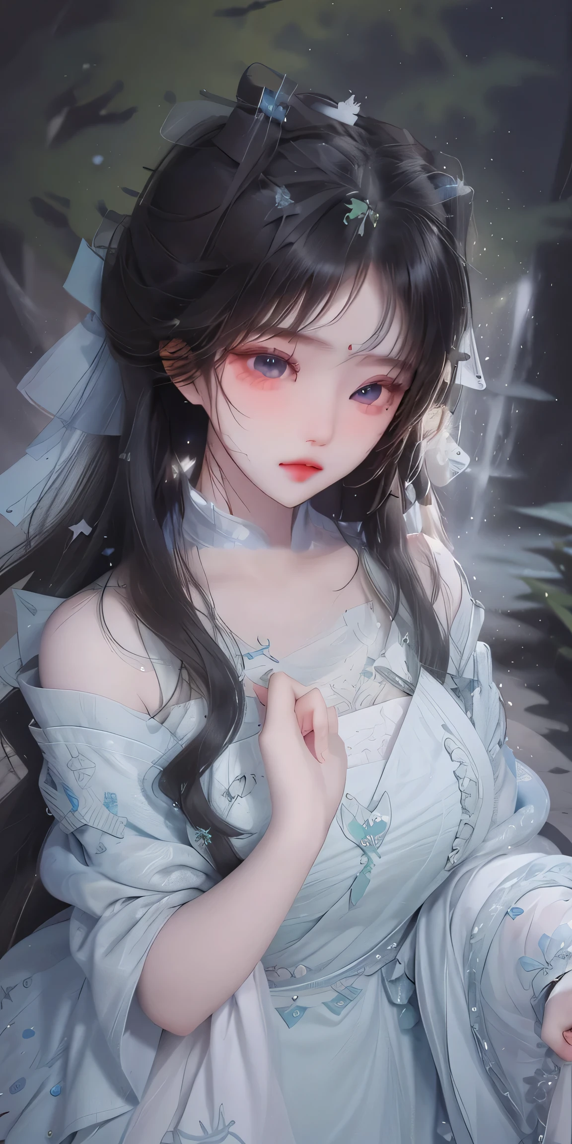 masterpiece，Close-up of a woman with beautiful light bright green dress, modern style, Exquisite epic character art，greenery background, the delicate brushstrokes and depth of field in the picture make you immersed in the scene，sharp look, whimsical art style