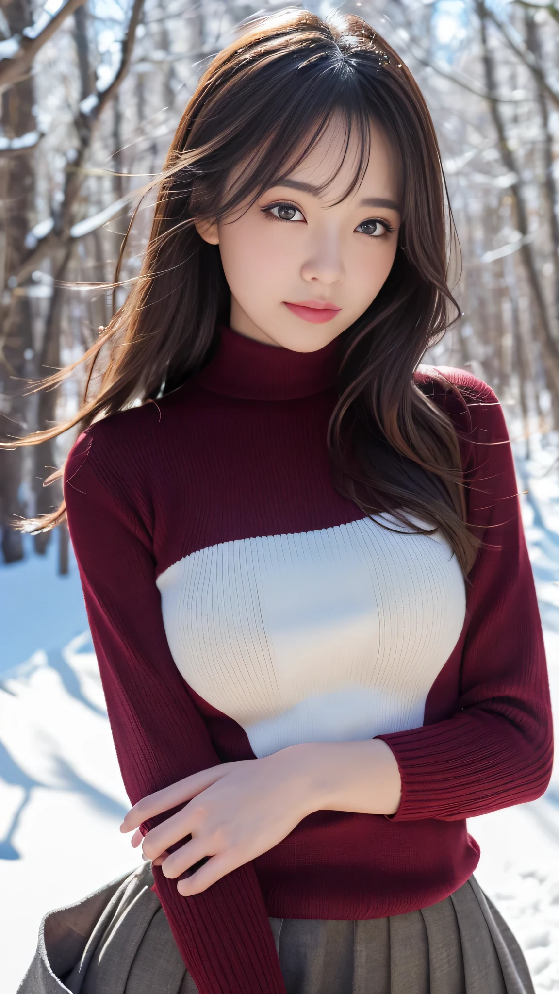 (on the table、best quality、8k、Award-winning works、ultra high resolution)、a beautiful woman、(Perfect Burgundy High Neck Long Sleeve Knitted Sweater Dress:1.2)、(white:1.2)、(Skirt turned up:1.2)、long hair、( Deep in the dense forests of Northern Europe:1.1)、snow forest、Mysterious forest snow scene、(blurred background:1.1)、(very bright and vivid:1.1)、(Very bright and shiny beautiful skin:1.2)、(Thick legs:1.1)、(charming figure:1.1)、(very big breasts:1.1)、(Emphasize body lines:1.1)、winter、(Look at me with a sad expression:1.2)、Vivid and magical sunset、romantic sunset、Shiny snow、Beautiful sunlight through the leaves、epic movie lighting、The brilliance of premium diamond powder、Exactly、(accurate anatomy:1.2)、Ultra HD hair、ultra high resolutionの完璧な美しい歯、Ultra high definition beauty face、Ultra HD hair、Ultra HD sparkling eyes、輝くultra high resolutionの美肌、ultra high resolutionの艶やかな唇、epic lights、The most romantic、most moody、romantic love feeling