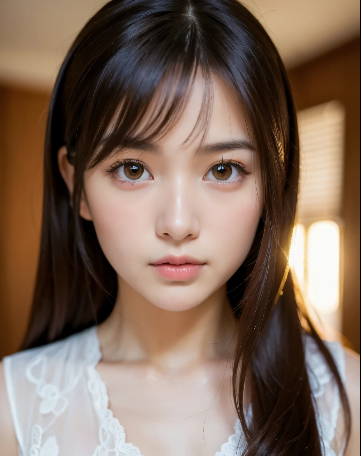 highest quality, face focus, soft light, ultra high resolution, (realistic:1.4), RAW photo,
1 japanese girl, alone, cute, (pupil, light in the eyes),  detailed beautiful face, (),(High resolution details of human skin texture),
(long hair),
indoor,
damask shirt dress,
(portrait)