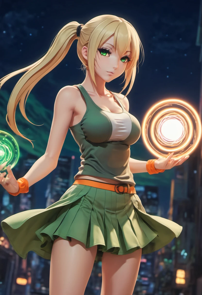Marija, anime character, extremely thin, long legs, dyed blonde hair with a high ponytail, ultra-giant breasts, shoes and socks up to her knees, the miniskirt is so short that her panties can be seen, tank top, powerful, shy, submissive, the goddess of magic circles, magical powers, circles of light that emanate from her hands, action, color theme in green and orange tones with a touch of gray and brown, anime colors, clean background, charater sheet,
