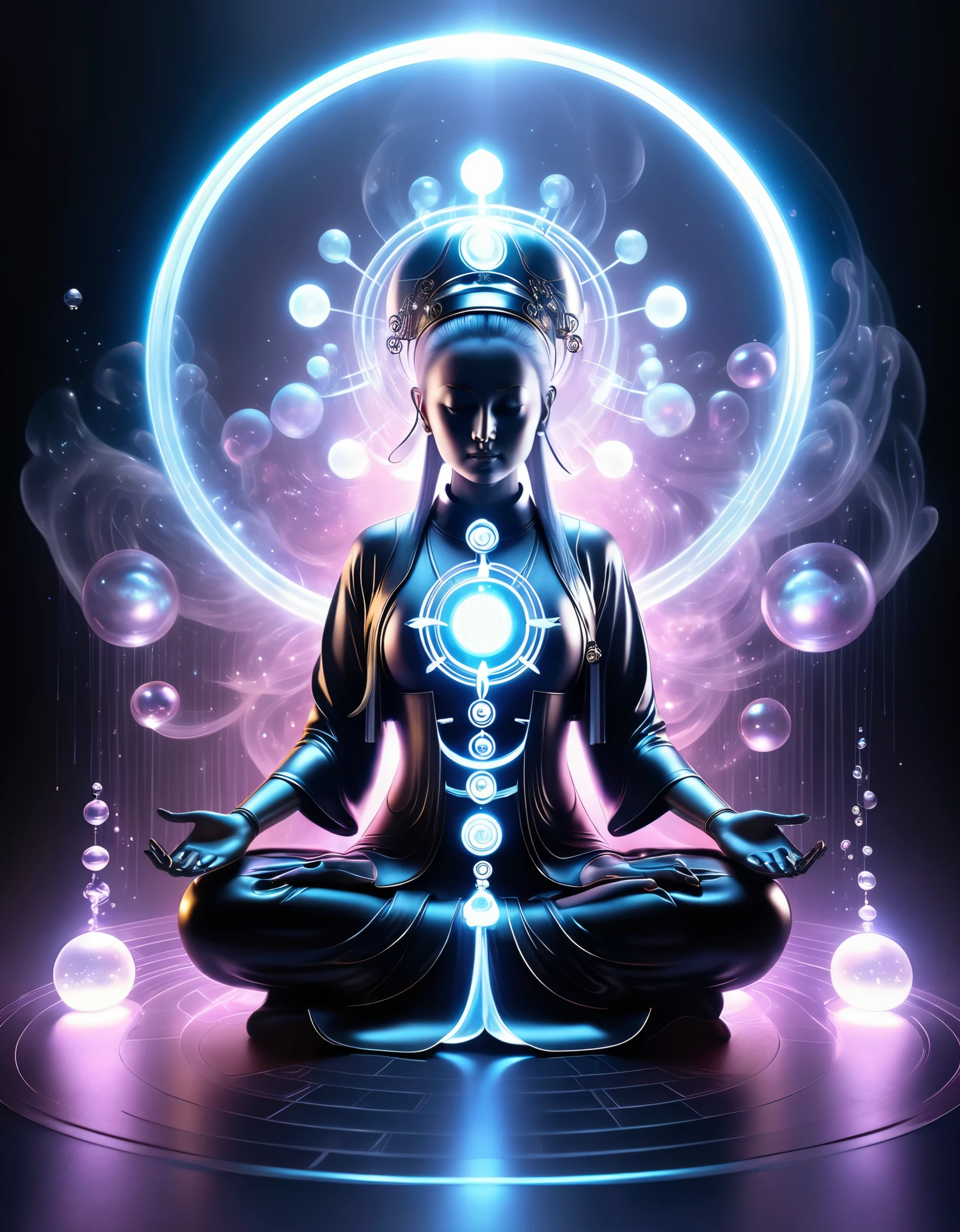 in style of Luminogram photography,r, beautiful detailed，magic circle，best quality,4k,8k,highres,masterpiece:1.2,ultra-detailed,realistic,acrylic style,tai chi, yin yang, eight trigrams,3d rendering，Transparent and extremely charming Thousand-Armed Female Taoist Priest doing yoga meditation，lifelike，divine light，Moebius Avenue，Light and shadow photography，（background：An unusually large number of magical kanji spells are falling like a torrential rain），
