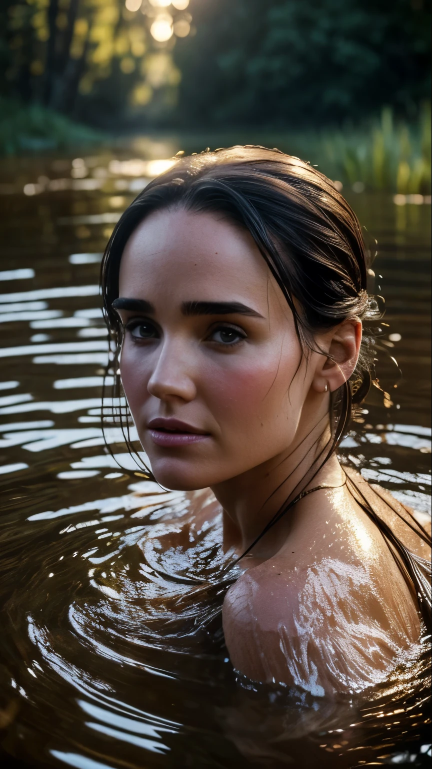 close up portrait of a cute woman (Jennifer Connelly) bathing in a river, reeds, (backlighting), realistic, masterpiece, Soaked in water, Topless, Upper breasts, highest quality, lens flare, shade, bloom, [[chromatic aberration]], by Jeremy Lipking, by Antonio J. Manzanedo, digital painting,
