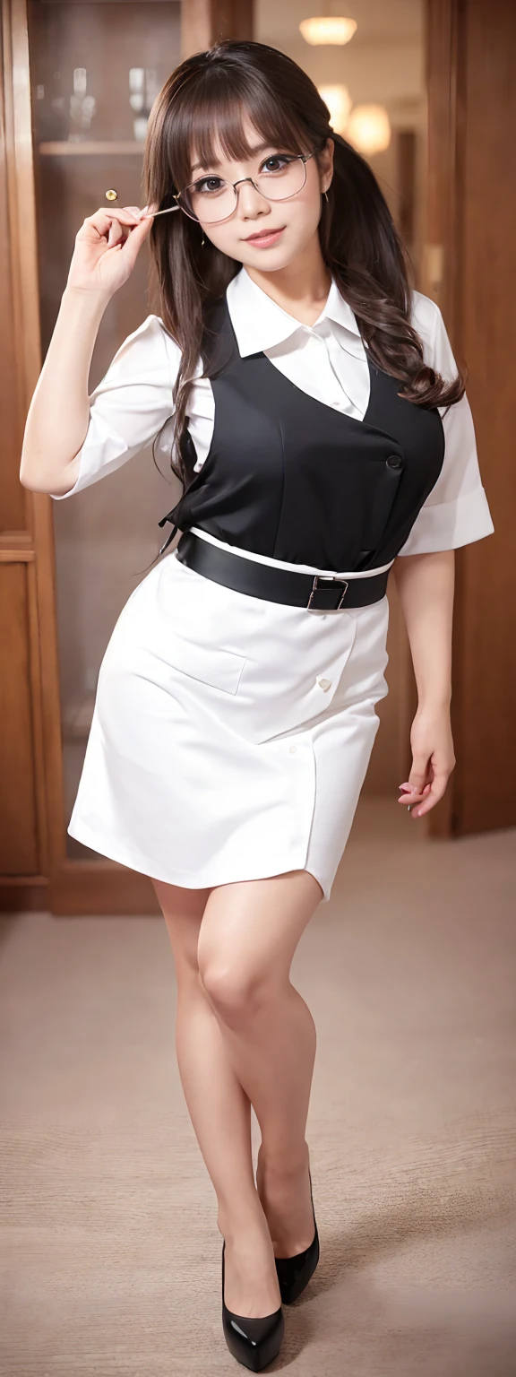japanese maid, mature woman, ((a little chubby, round face, About 40)), rimless round glasses, Wavy black hair without bangs, long hair, twin ponytail, flashy makeup, plump lips, sexy gaze, uniform, ((dressing)), looking at camera, Low angle shooting, Cute duck mouth,((Very precise and accurate anatomy)), (masterpiece:1.43), perfect proportions, realistic pictures, full shot, whole body, (height: 148cm), High heels has two legs,It has two arms、has two legs, Must It has two arms))
