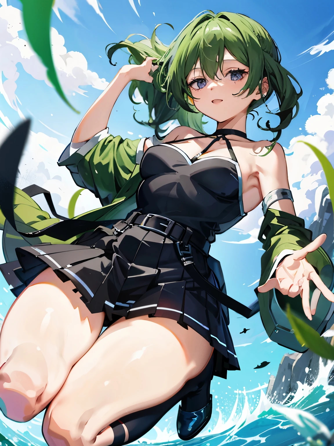 jumping、big chest、green hair、showing the bottom