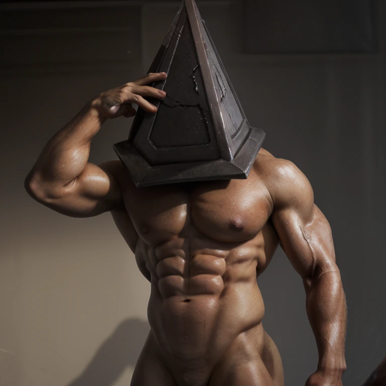 Pyramid Head (Silent Hill), Male, Solo, ((solo)), Muscular, Male Pectoral, Correct Anatomy, ((Photorealistic, Realistic Shadows, Depth of Field, Half Body Shot)), Body Builder Build, Flexing his arms, Male Big Muscular Pectoral, Abs, Wide Body, Front Half View