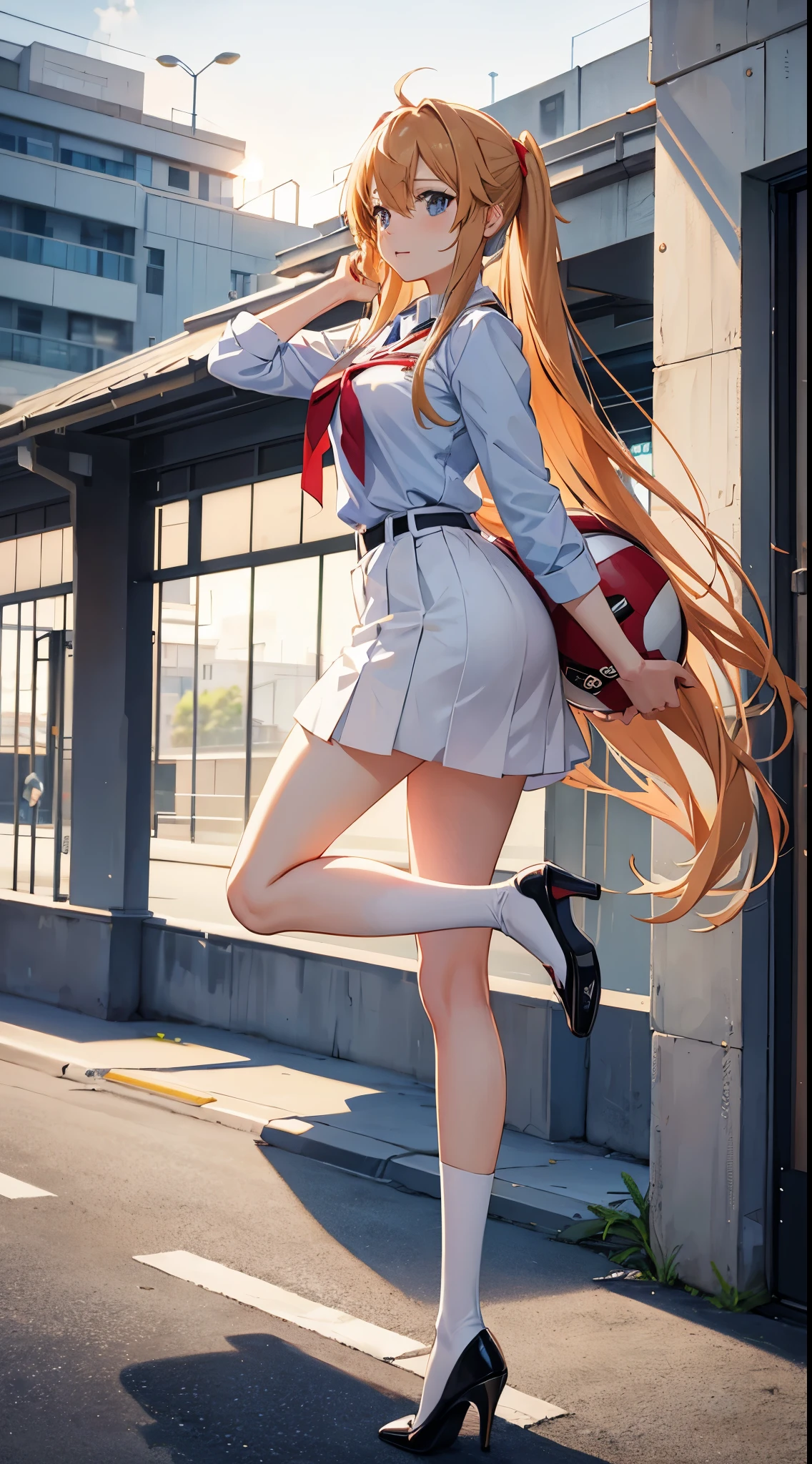 Asuna from Sword Art Online wearing a school uniform and high heels while playing football