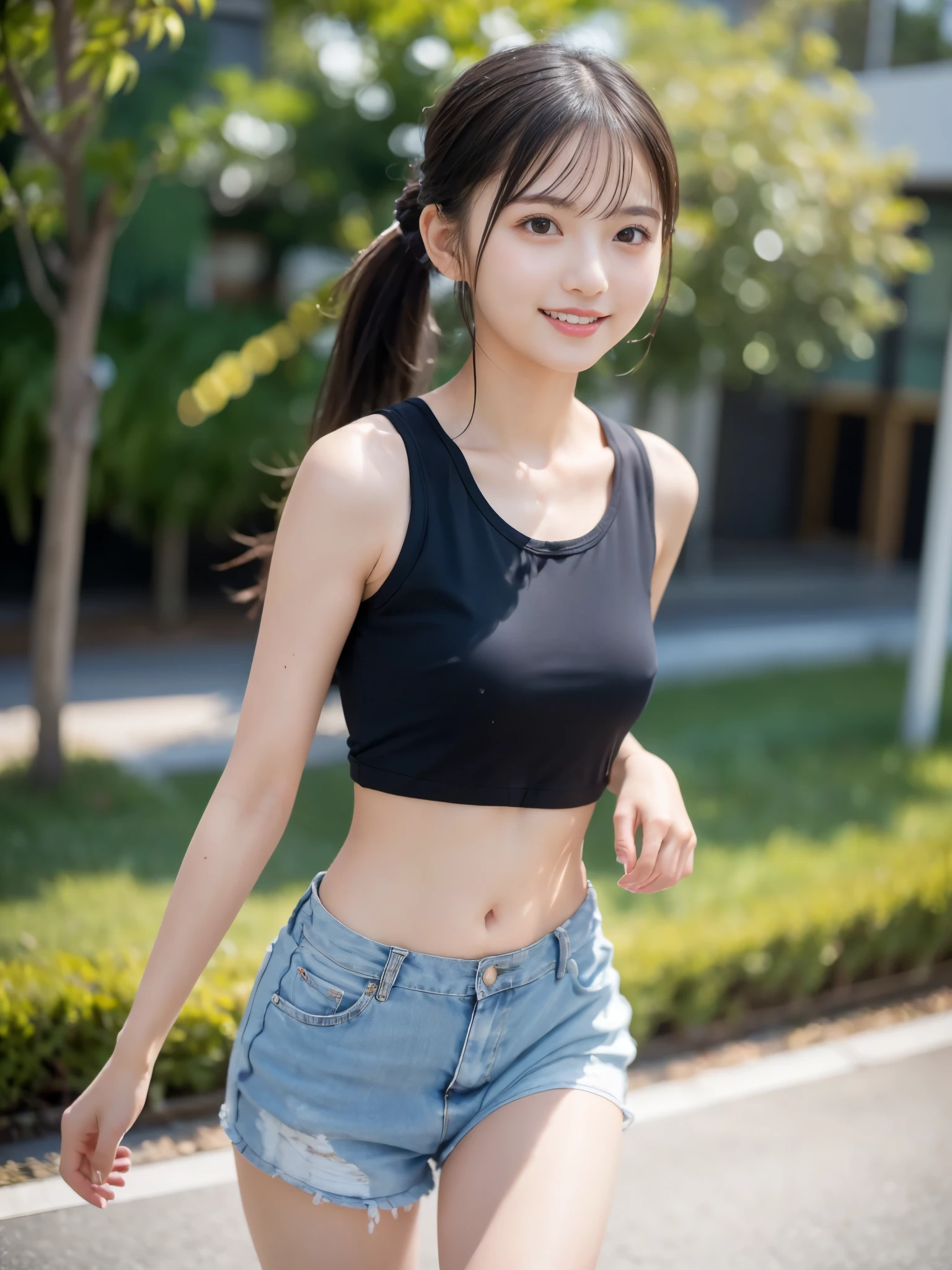 最high quality, masterpiece, High resolution, 1 girl,, beautiful face, Tyndall effect, realistic, (high detail skin: 1.2), 8k UHD, Digital single-lens reflex camera, soft light, high quality,, Frank, photograph, High resolution, 4k, background blur,15 years old、small breasts、Slender、wonderful smile、legs open、ponytail、((Japanese school))、beautiful shining black hair、delicate girl、sexy、Nice bangs、straight medium long hair、full body、Uplifting、run like a fly、Feeling of running、dripping sweat、naked、Vertical lines are visible in the crotch