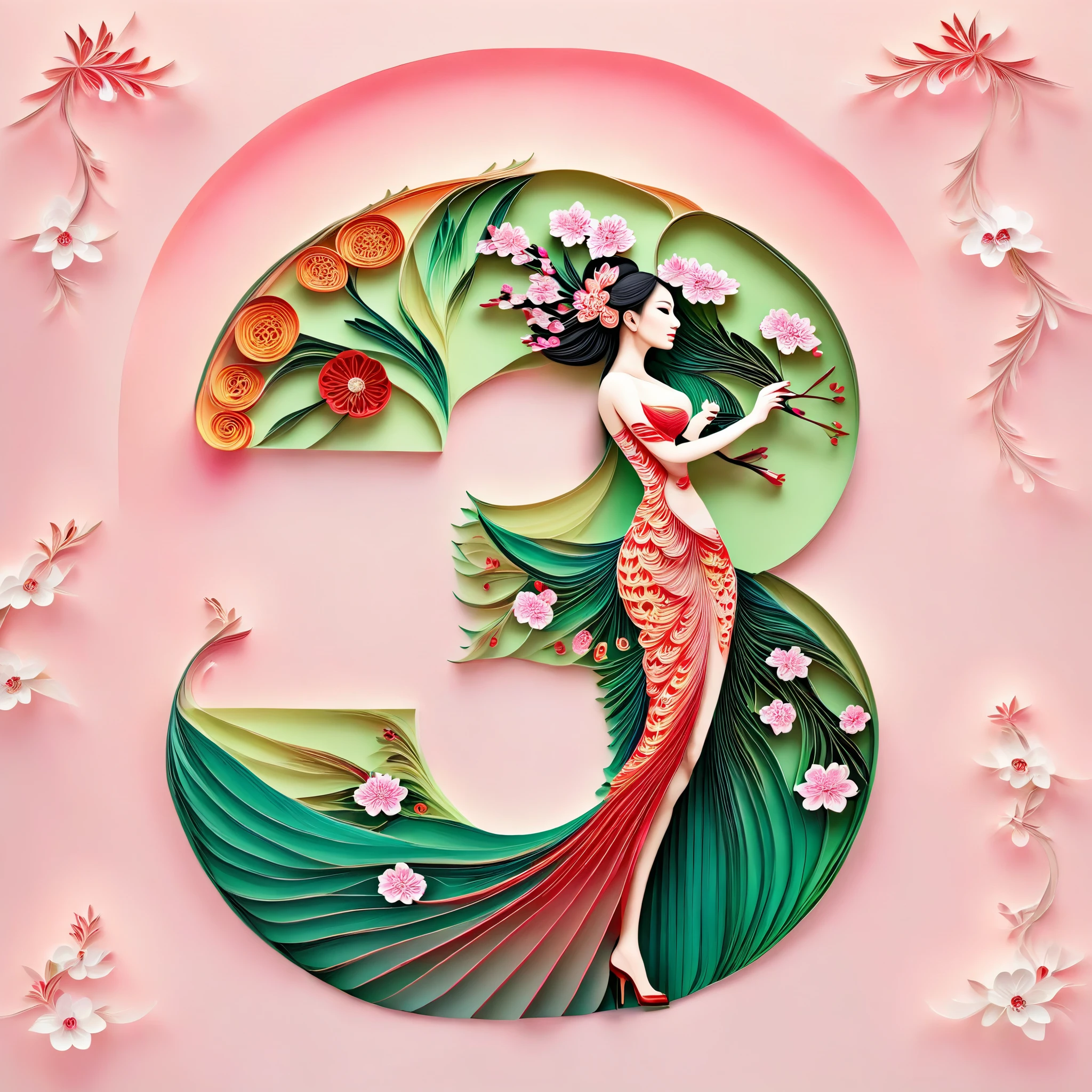 full body, solo,Light Green background,(1 Beautiful girl Models ,Stand,pink Peach Blossom,Evening dress,high heels),(Oriental elements, Chinese color,Very colorful),(number art, paper art,layered paper art,paper quilling,paper-cut,paper sculpture)