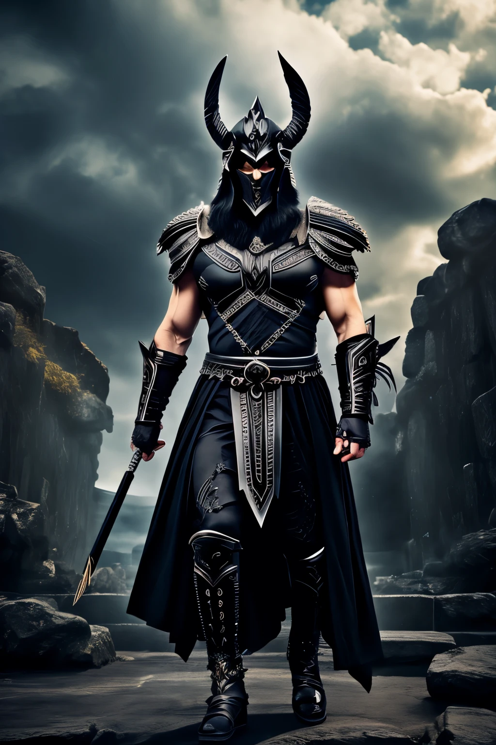 hades, god of the underworld, greek mythology, black armor, greek helmet with black plume,
