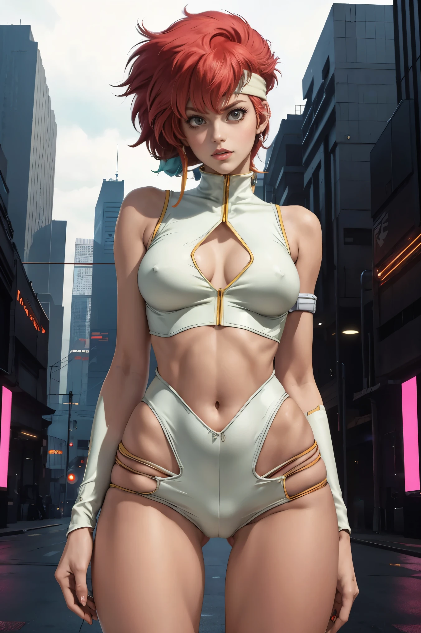 Very skinny Kei from The Dirty Pair, emaciated, wearing a tight yellow outfit, skinny frame, skinny legs, medium breast, red hair beauty, cyberpunk city background, holding retro space-gun, headband, slim waist, very slim thighs, very skinny thighs, very thin thighs, very slender thighs, lanky, thigh gap, thigh gap,