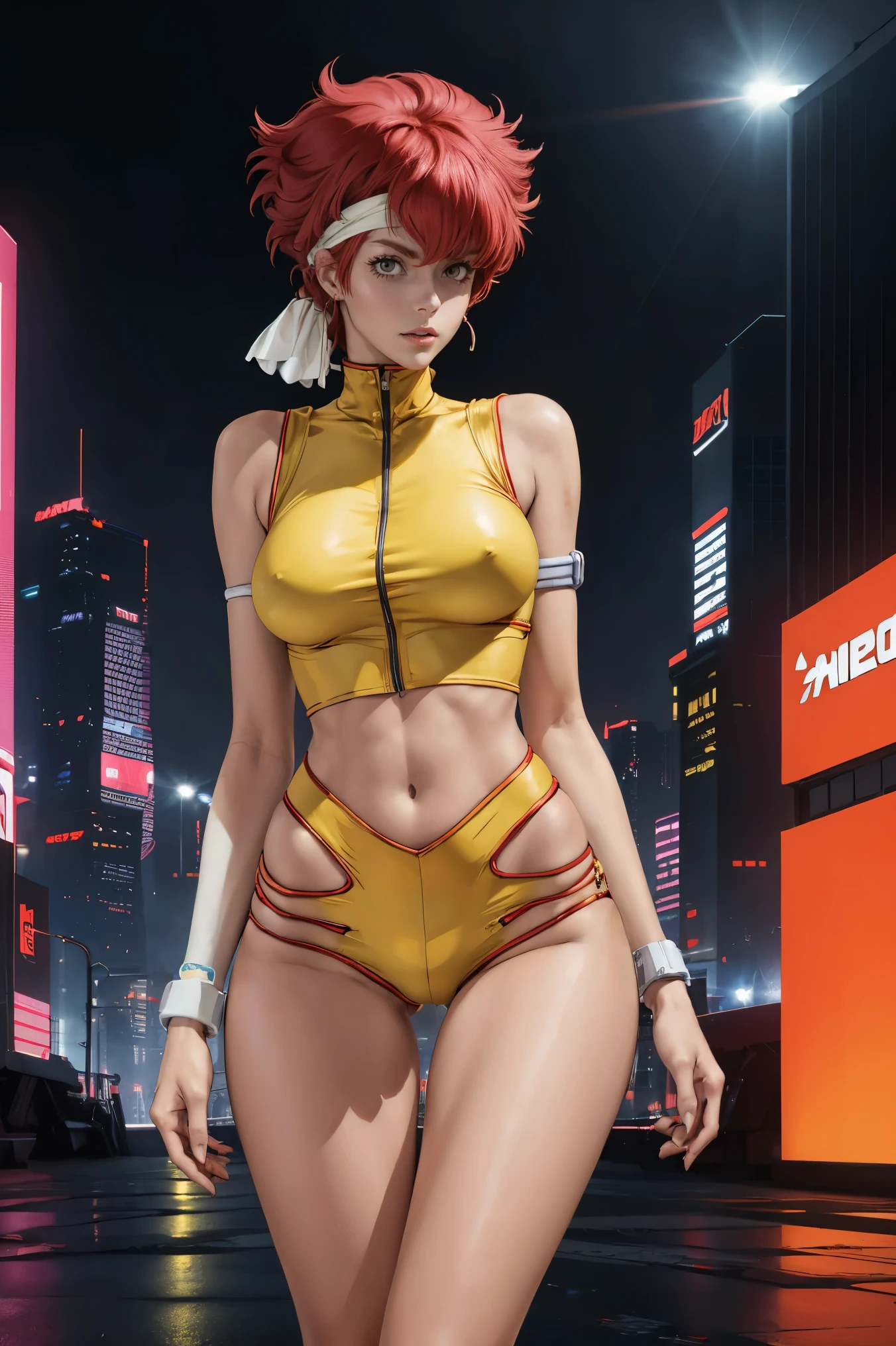 Very skinny Kei from The Dirty Pair, emaciated, wearing a tight yellow outfit, skinny frame, skinny legs, medium breast, red hair beauty, cyberpunk city background, holding retro space-gun, headband, slim waist, very slim thighs, very skinny thighs, very thin thighs, very slender thighs, lanky, thigh gap, thigh gap, 