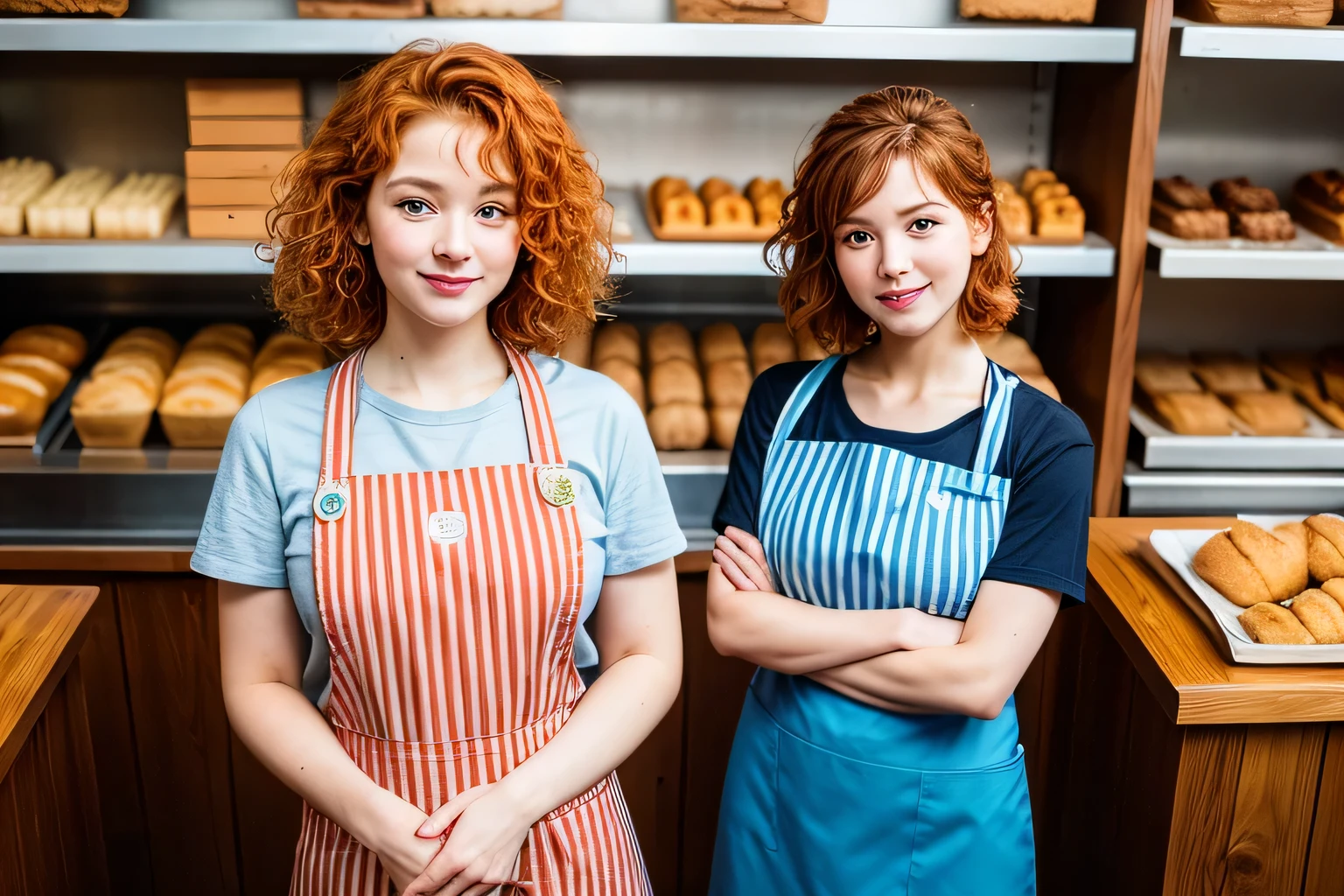 ((best quality)), ((masterpiece)), (detailed), perfect face, ((full body shot)), hyper detailed, working in bakery, anatomically proportioned bodies, hyper detailed, redhead woman (age 18, female, pretty face, curly short ginger hair, true human form, bakery, wearing blue apron with stripes, no t-shirt, white shoes