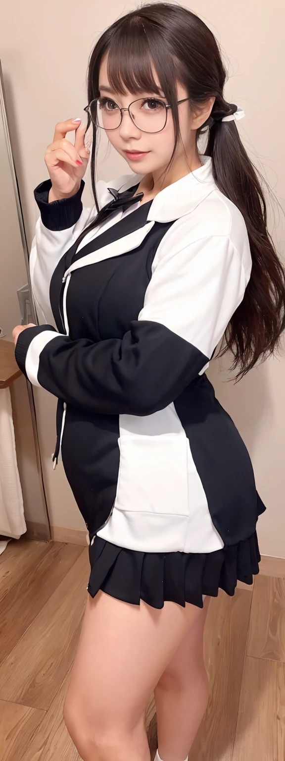 japanese maid, mature woman, ((a little chubby, round face, About 40)), rimless round glasses, Wavy black hair without bangs, long hair, twin ponytail, flashy makeup, plump lips, sexy gaze, uniform, ((dressing)), looking at camera, Low angle shooting, Cute duck mouth,((Very precise and accurate anatomy)), (masterpiece:1.43), perfect proportions, realistic pictures, full shot, whole body, (height: 148cm), High heels has two legs,It has two arms、has two legs, Must It has two arms))
