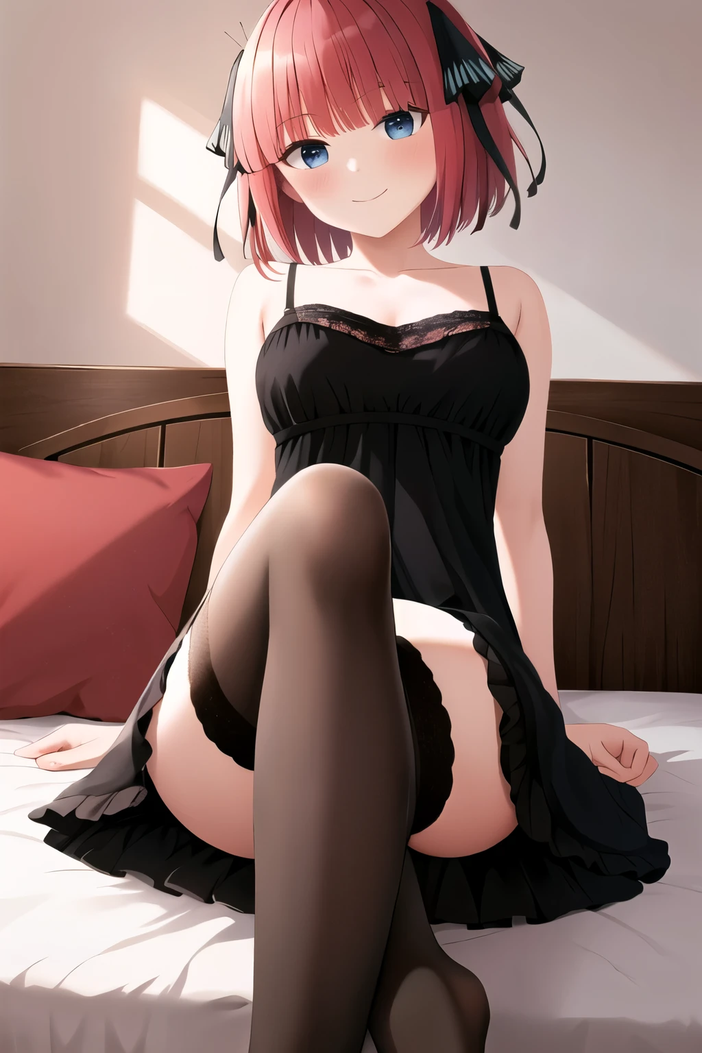 masterpiece, best quality, highres, nn1,1girl, hair ribbon, short hair, sitting, bed, night dress, legs, black stocking, looking into viewer, smile, blush ceek, sexy pose, hands behind, medium breast, breast out,