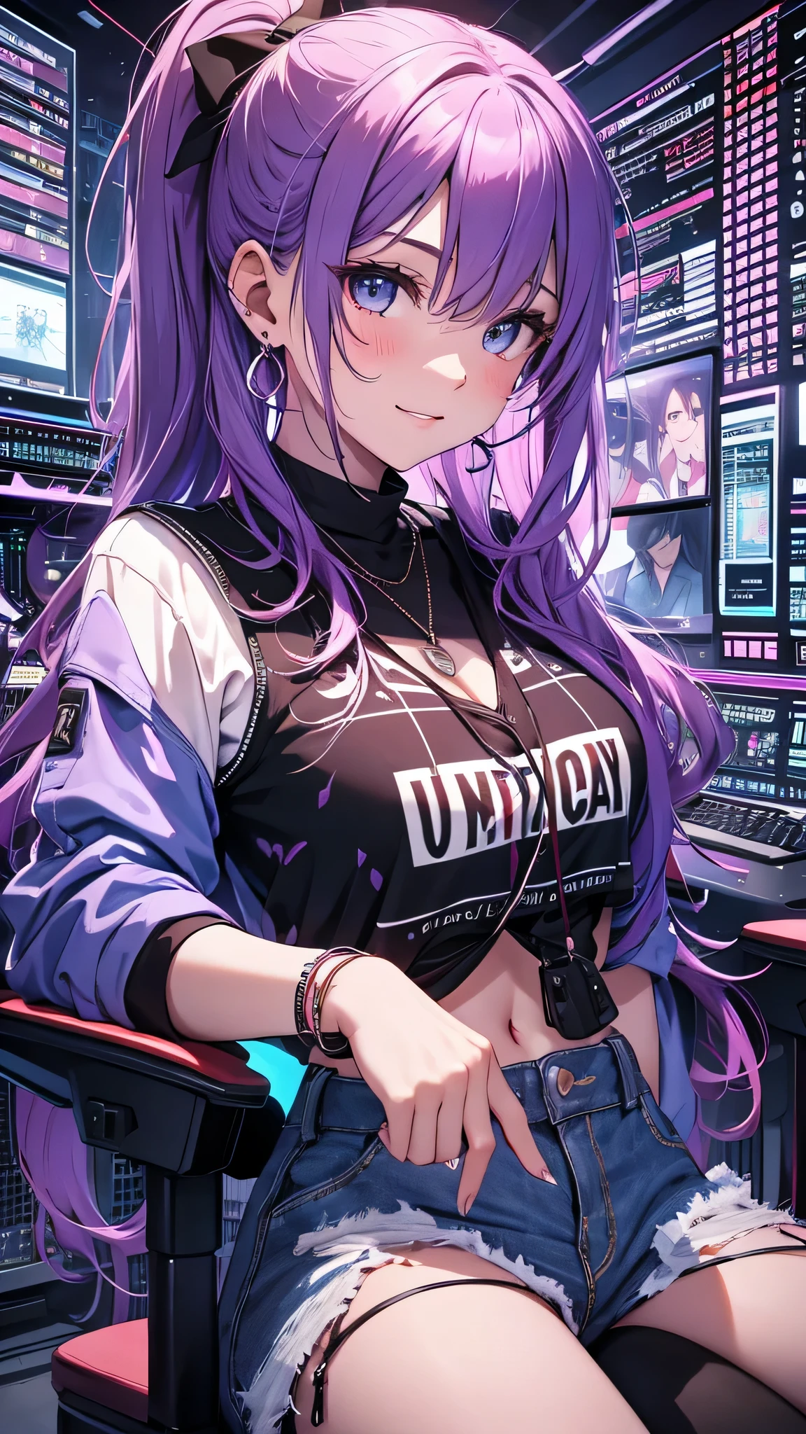 最high quality、best image quality、masterpiece、girl((20-year-old、 By becoming、vest bust、medium bust,wide open breast tea、shining eyes, neon hair、long hair、thin,highest valley、ponytail、Damaged Denim Shorts、black navel shirt、Damaged Denim Jacket、smile、full body tattoo,diamond earrings、Wristband、necklace,sit on a chair、typing、During computer operation)),high quality、beautiful art、background((Hacker Room、server room、neon lighting、computer stand、Laptop))、Flight、debris flies、Depth of written boundary、movie、visual art、perfect art、8k,genuine、