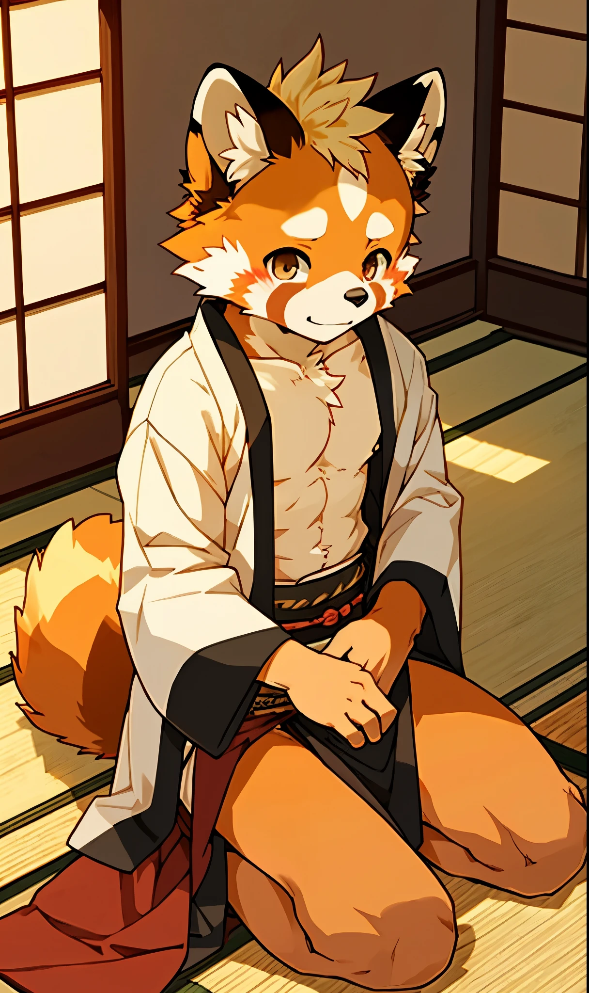 red panda，Lovely，sit on the floor，Japanese style room，Shota，shy，Bare chest，kimono，Wore a loincloth，Put your hands on your legs