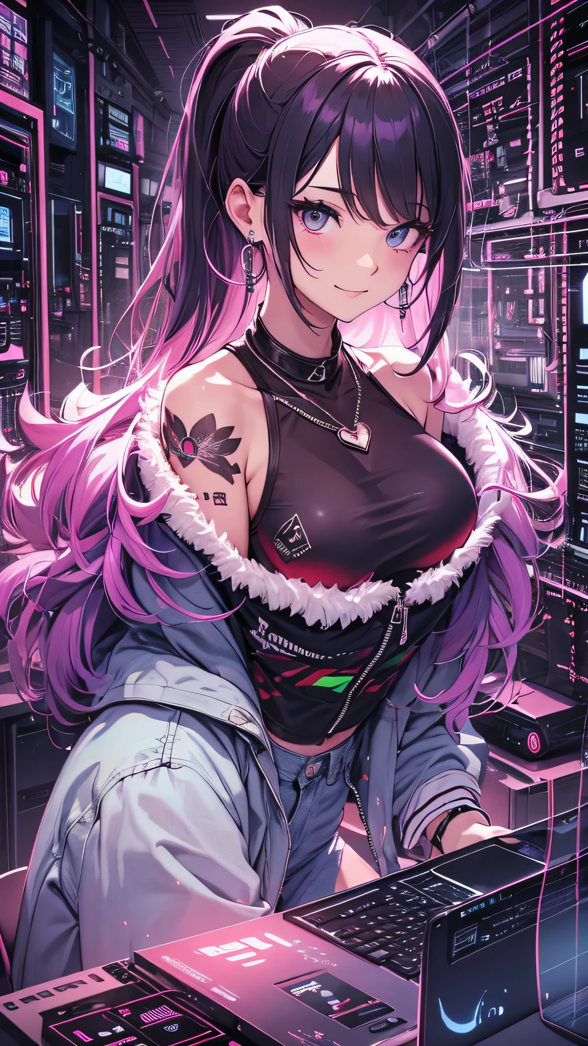 最high quality、best image quality、masterpiece、girl((20-year-old、 By becoming、vest bust、medium bust,wide open breast tea、shining eyes, neon hair、long hair、thin,highest valley、ponytail、Damaged Denim Shorts、black navel shirt、Damaged Denim Jacket、smile、full body tattoo,diamond earrings、Wristband、necklace,sit on a chair、typing、During computer operation)),high quality、beautiful art、background((Hacker Room、server room、neon lighting、computer stand、Laptop))、Flight、debris flies、Depth of written boundary、movie、visual art、perfect art、8k,genuine、