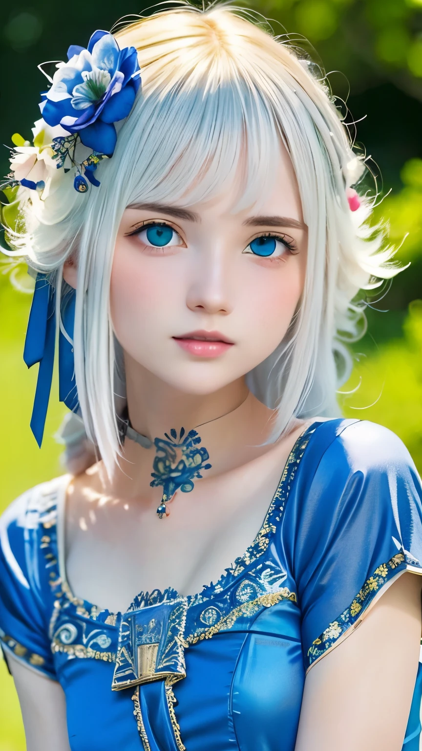 highest quality、master piece:1.5、dramatic lighting、high angle shot、RAW photo、Upper body、Pale haired21talent、cute女の子、small nose、plump lips、charming eyes、looking at the audience、cute、((intricate and detailed art:1.6))、Upper body、elaborately embroidered clothing、vivid details、very detailed肌、(bluish:0.6), (dirty:0.8), (Bloodstained:0.7), key lighting, (Backlight:0.5), (((outdoor、uk stonehenge)))、Beautiful is the lawn、Blue sky、medium depth of field, Photographed with Canon 5D, 50mm lens, f/4 apertures, (very detailed, intricate details), sharp focus, calm colors, 8k, confused, 8mm film grain,