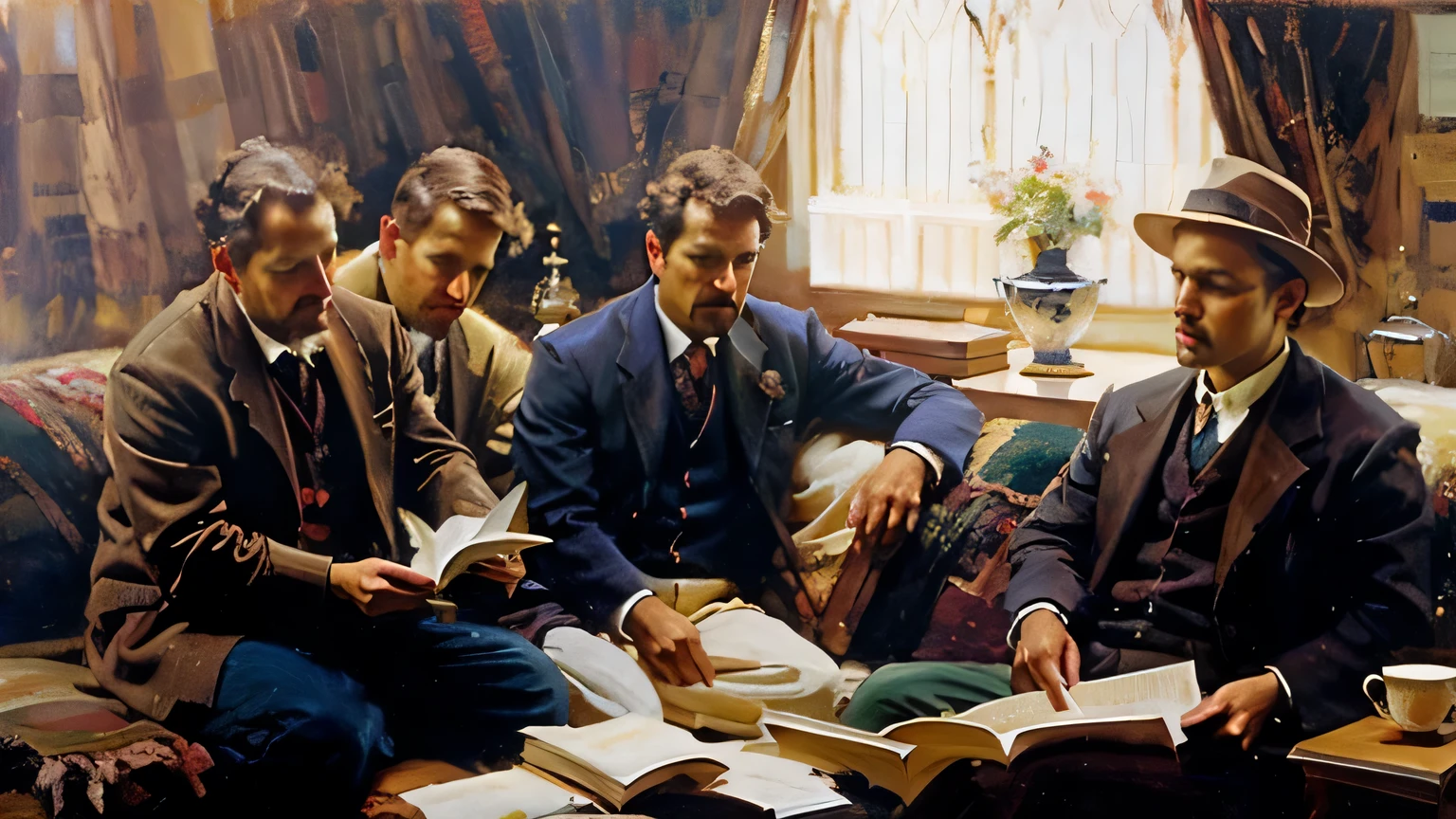 Painting of four men sitting in a room with windows,write,look out the window,80's clothes, studying, academic, fancy, Observe the environment,Inspired by Enrique Simeone, Jeremy Lipkin full length shot, author:Philippe de Laszló, Morgan Wesling
