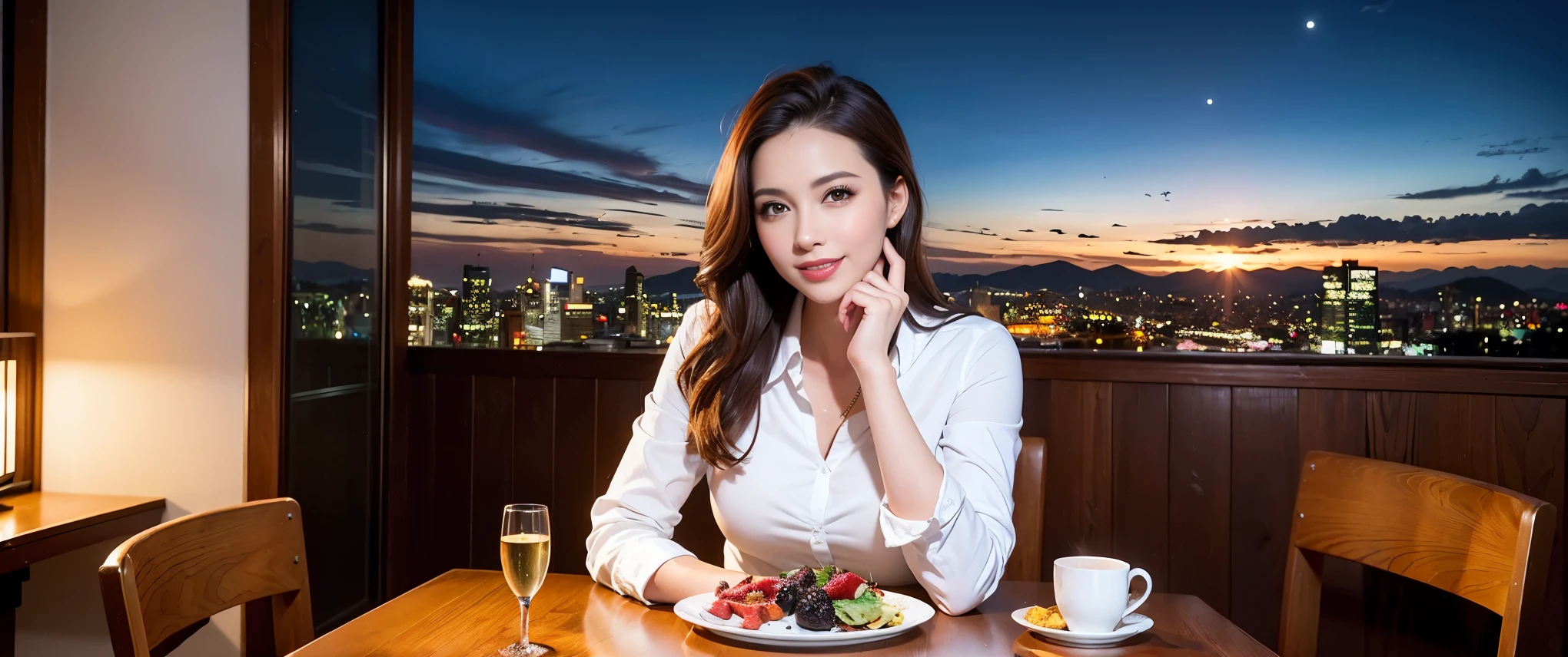 64k, Hmm, highest quality, masterpiece: 1.2), (realistic, photorealistic: 1.37), Spectacular view of the sunset sky and clouds、Amazing mountain views、3 slim beauties, (slim face),Happy、 the best smile、Fox face、Berry Short、(because I'thin), (brown hair), (shortcut), long sleeve shirt、winter fashion、Colombian、Brazilian、Japanese、Dutch、German、Portuguese、Belgian、Italian、French,Champagne、sparkling wine、 (gush out), (slim body), (brown hair), (shortcut), neat beauty、cheeks turn a little red, (35 years old), 38 years old, alone, A beautiful and detailed night view spreads out outside the window...., restaurant, wine glass is sitting, At night, in a prominent place (from the Upper body) nova frog style, actress, model, Upper body, White wine, slim, wine glass, Very beautiful night view, wine glass Put in the Middle, Happy smile, (smile: 1.15),