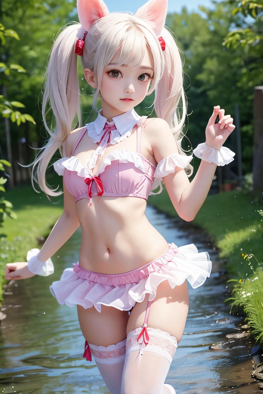 beautiful girl, young, small limbs, short fingers, big breasts, embarrassed face, Watery eye, twin tails, big ribbon on head, transparent pink dress, Sheer white tights, Clothes with lots of transparent frills and ribbons, See-through frilly clothes, Thighhighs, knee high socks, Panties with holes showing genitals, red shoes, choker, Female genitals are fully visible, open genitals, detailed clean cracks, My whole body is sweaty, Full body soaked, highest quality, masterpiece, High resolution, 4k, 超A high resolution, beautiful face, symmetrical eyes, perfect body proportions, Arms restrained behind the back, urination from female genitals, lots of pee, I urinated vigorously,exposed、on the road