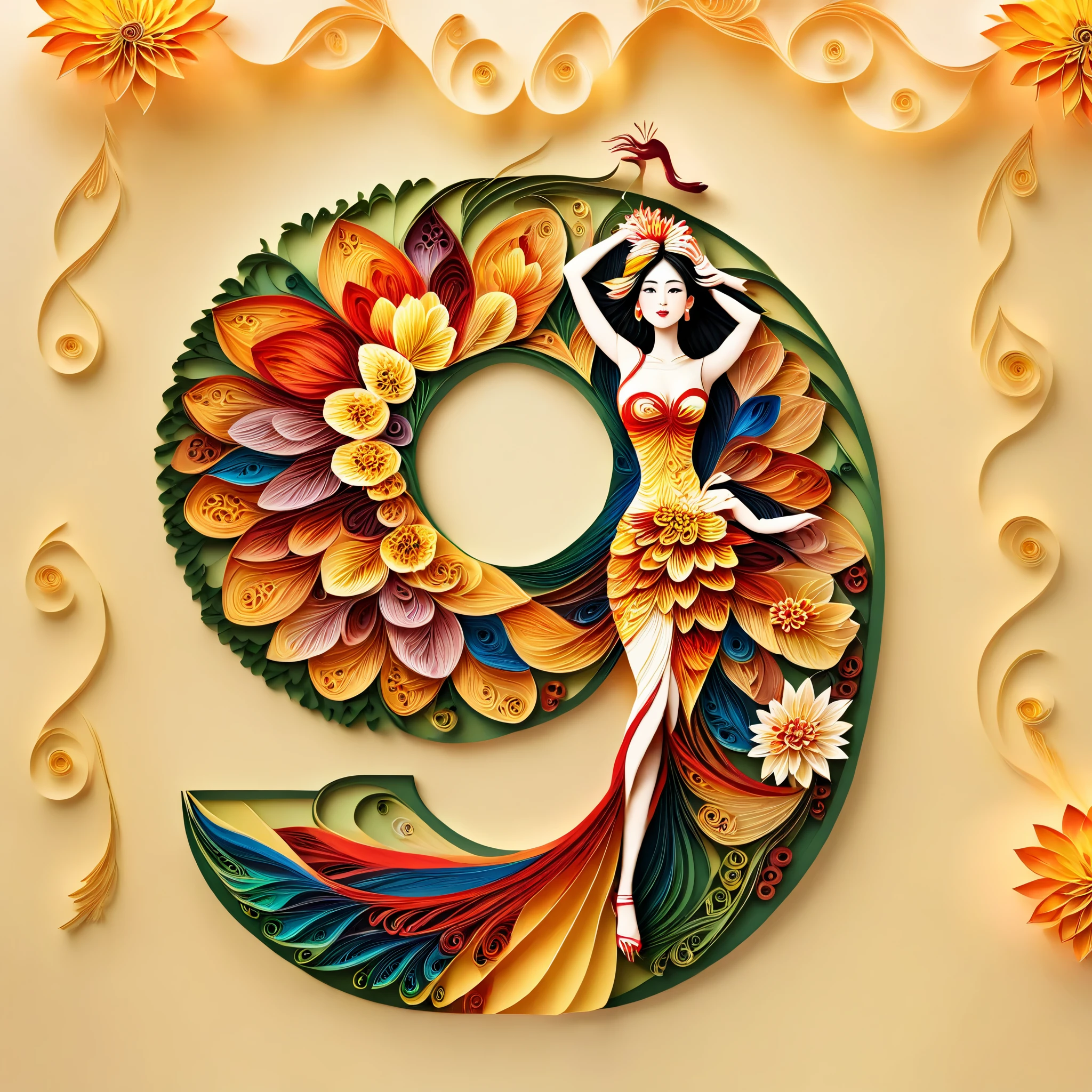 dahlia,full body, solo,Light yellow background,(1 Beautiful girl Models ,Stand, dahlia,Evening dress,high heels),(Oriental elements, Chinese color,Very colorful),(number art, paper art,layered paper art,paper quilling,paper-cut,paper sculpture)