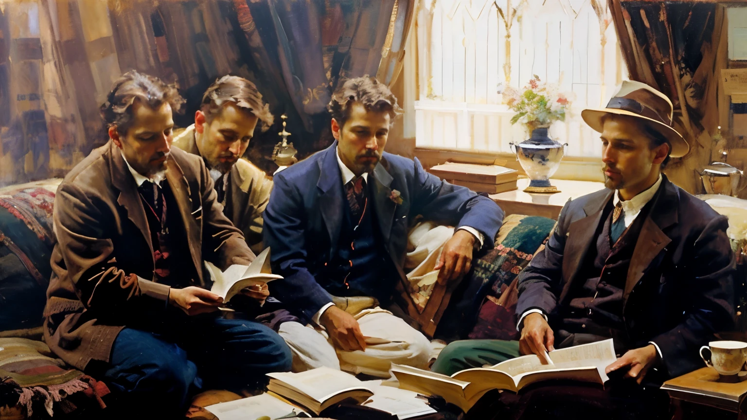 Painting of four men sitting in a room with windows,write,look out the window,80's clothes, studying, academic, fancy, Observe the environment,Inspired by Enrique Simeone, Jeremy Lipkin full length shot, author:Philippe de Laszló, Morgan Wesling