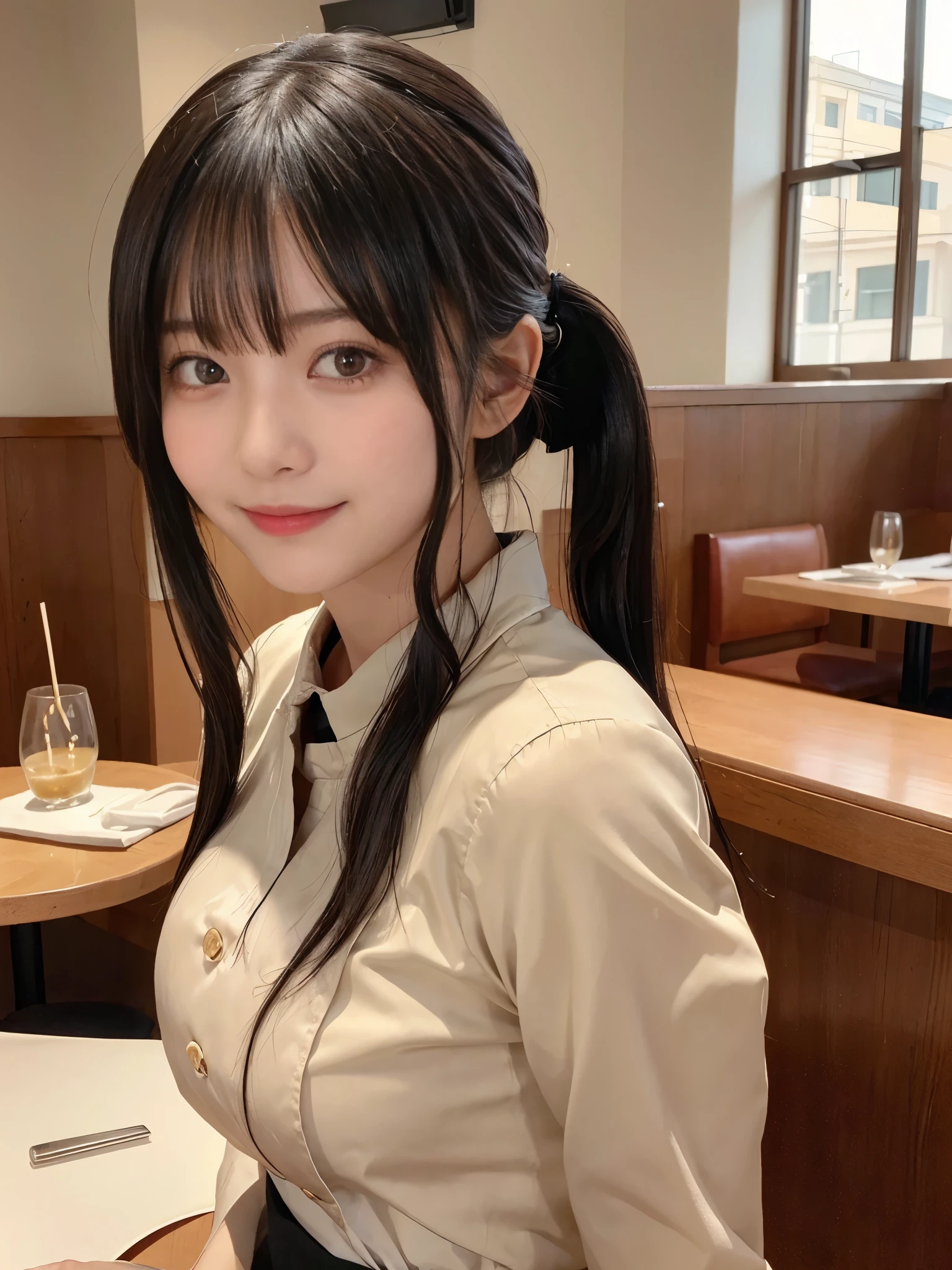 (highest quality,masterpiece:1.3,ultra high resolution,),(Super detailed,caustics),(Photoreal:1.4,RAW shooting,)ultra-realistic capture,very detailed,High resolution 16K human skin close-up。 natural skin texture、,The pores are、、、、Must be detailed enough to be easily identified。 Skin should look even-toned and healthy。 Use natural light and color,restaurant,waitress uniform,1 girl,Japanese,18-year-old,cute,black haired,ponytail,big breasts,smile,turn your body forward,(Front view:1.1),look at the camera,cowboy shot,