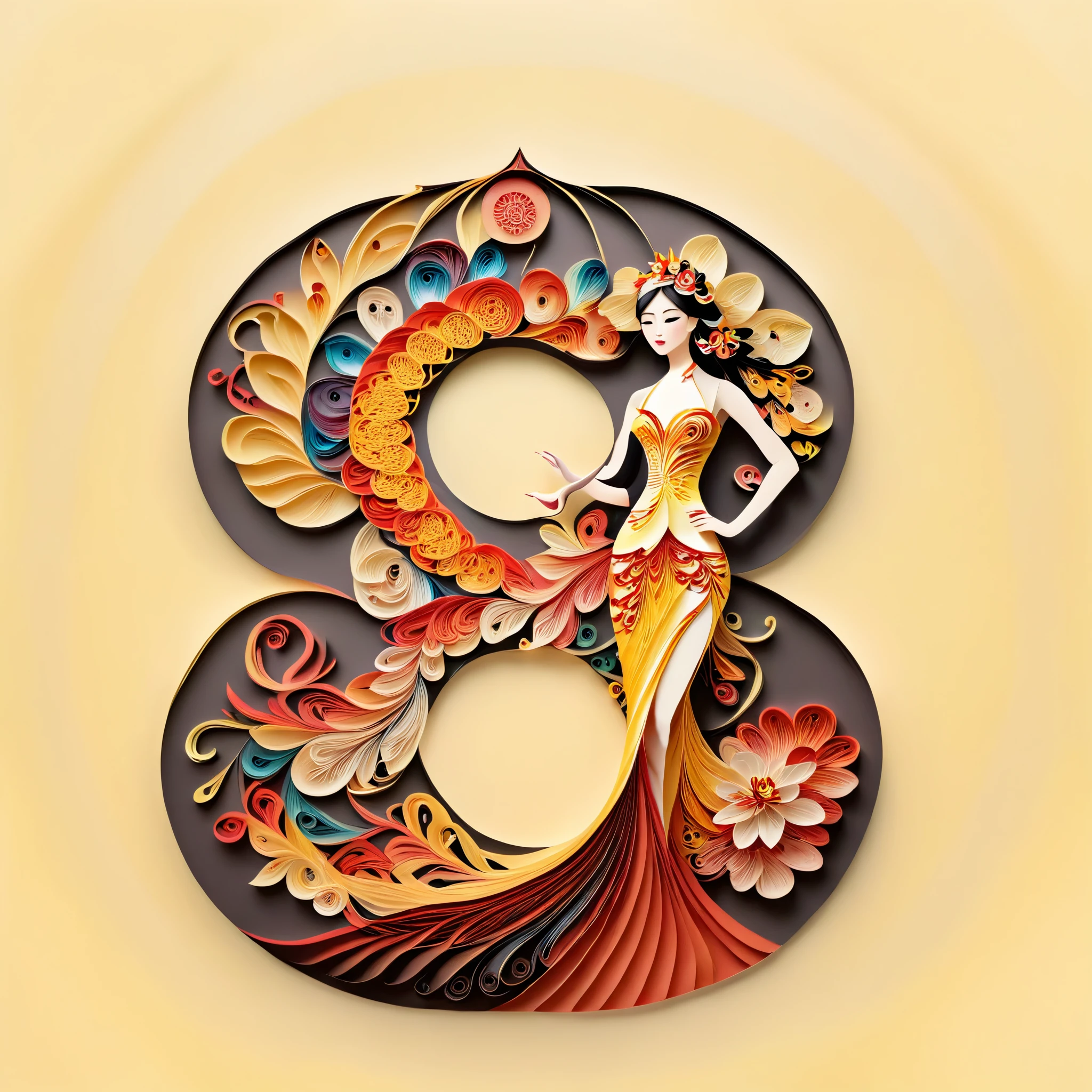 full body, solo,Light yellow background,(1 Beautiful girl Models ,Stand，fragrans,Evening dress,high heels),(Oriental elements, Chinese color,Very colorful)，(number art, paper art,layered paper art,paper quilling,paper-cut,paper sculpture)