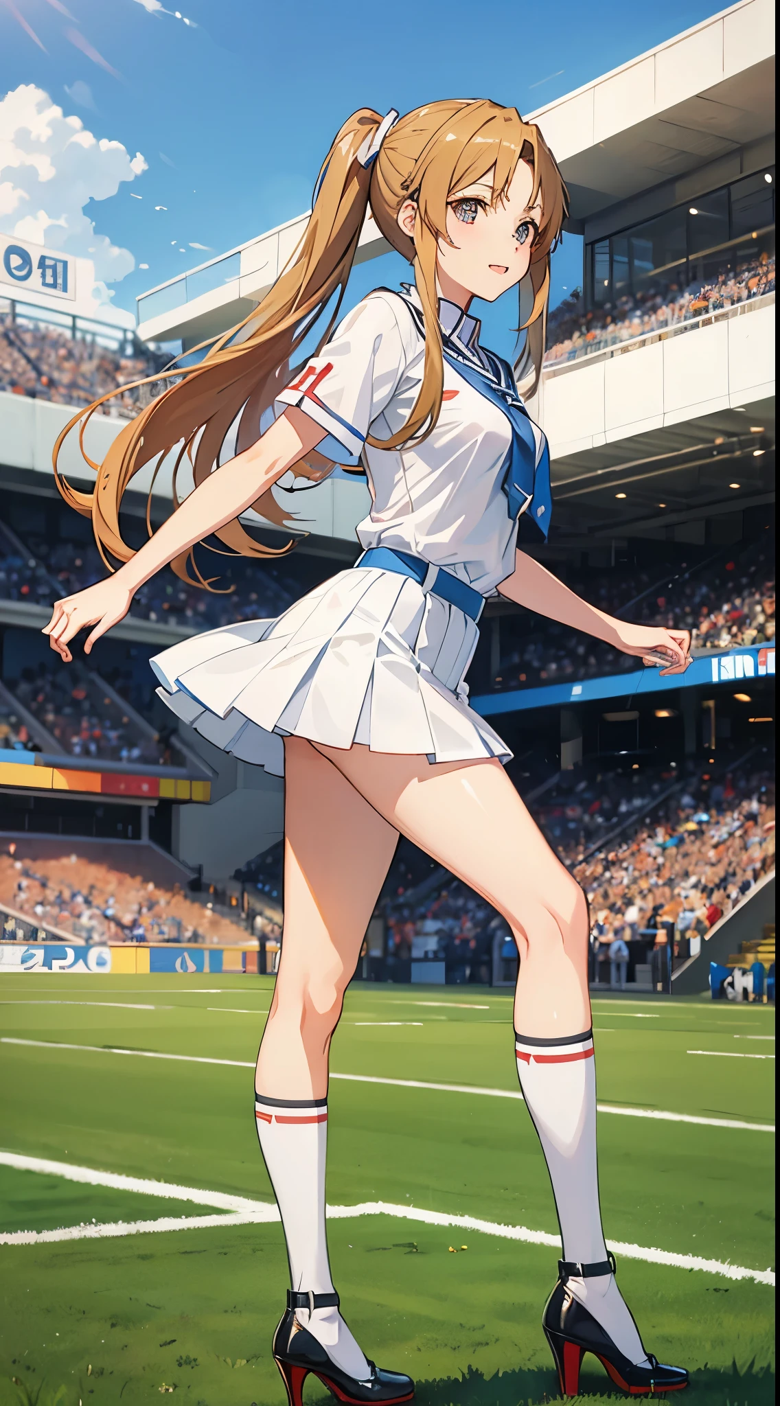 Asuna from Sword Art Online wearing a school uniform and high heels while playing football at a football field