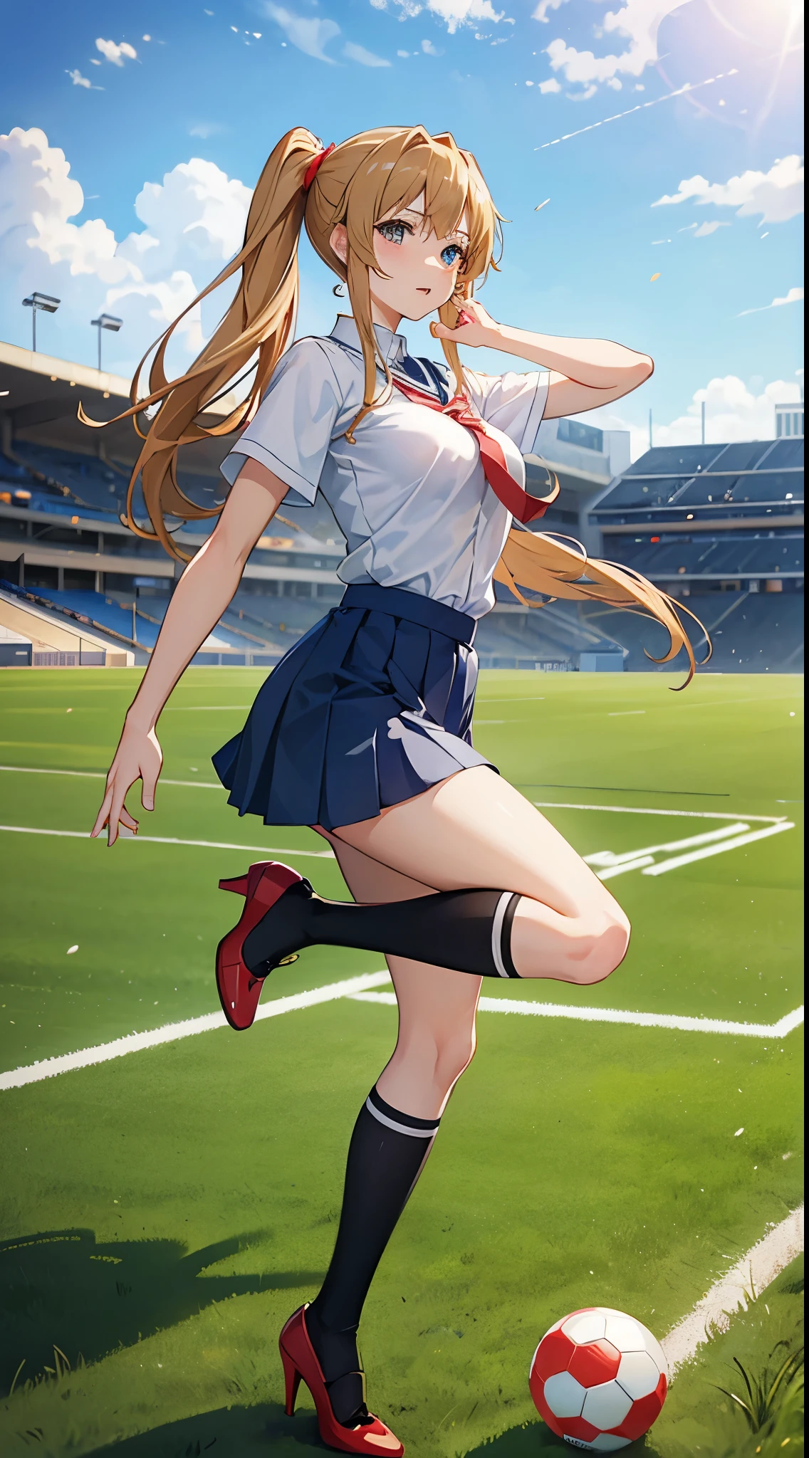 Asuna from Sword Art Online wearing a school uniform and high heels while playing football at a football field