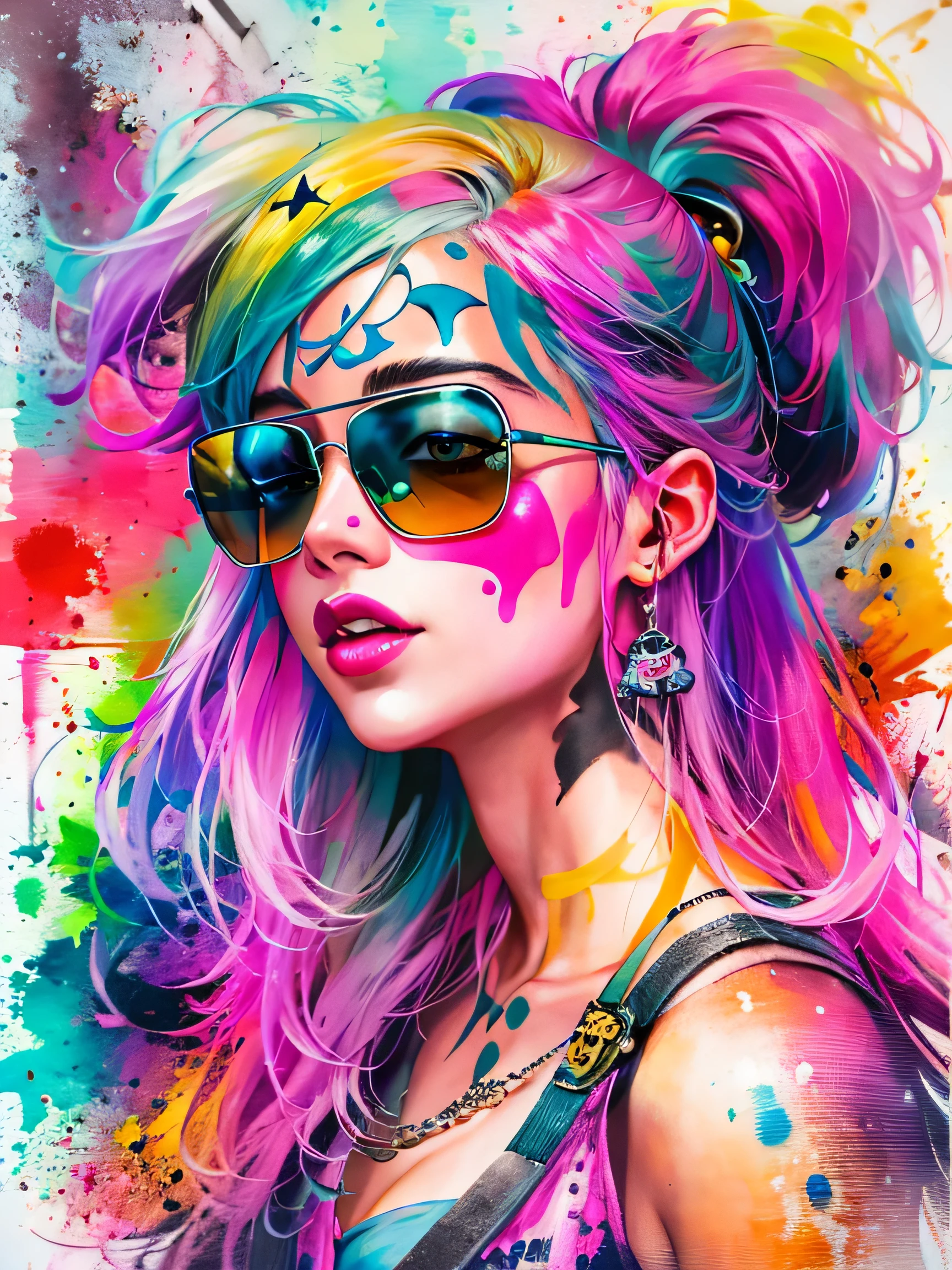 watercolor painting, 8K resolution、((highest quality))、((masterpiece))、((Super detailed))、(((most fashionable design)))、1 female、alone、incredibly absurd、 (((The most beautiful pirate girl of all time))), (((Stylish sunglasses))), lips in love, pirate bandana,neon、small breasts,、(((graffiti art))), colorful hair, provocative