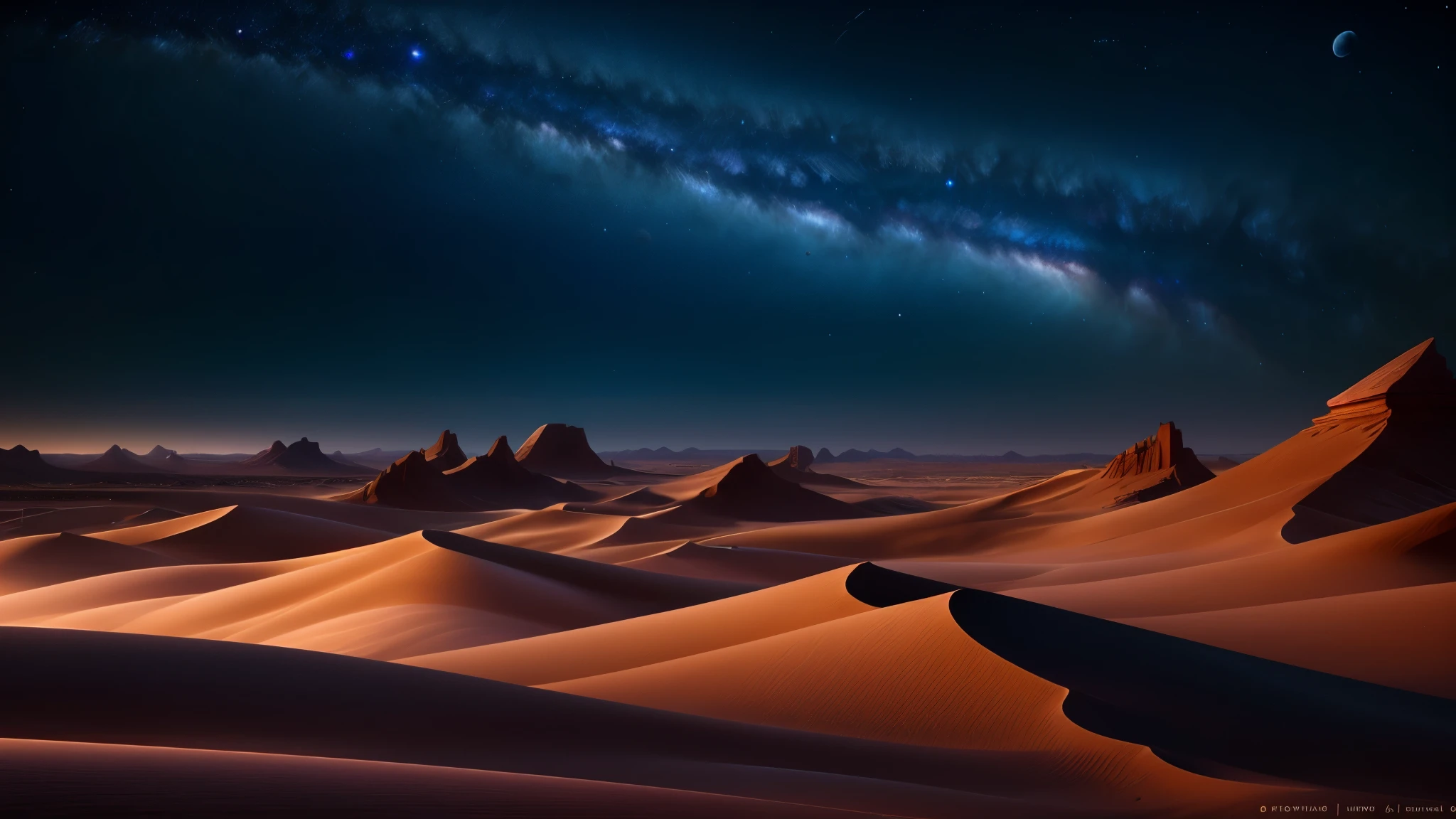 beautiful night desert of a planet, mysterious, sky of galaxy and planets, {{Nanking }}}, scale:14 steps:30 method:2, HDR, RTH, UHD, Ideal, high quality, High detail, cinematic, Photorealistic, Beautiful, 4k, HDR, Full Snapshot, Photorealistic, realism, color correction, Photo, very detailed, concentrated, 8K, wallpaper, 32K, Super resolution